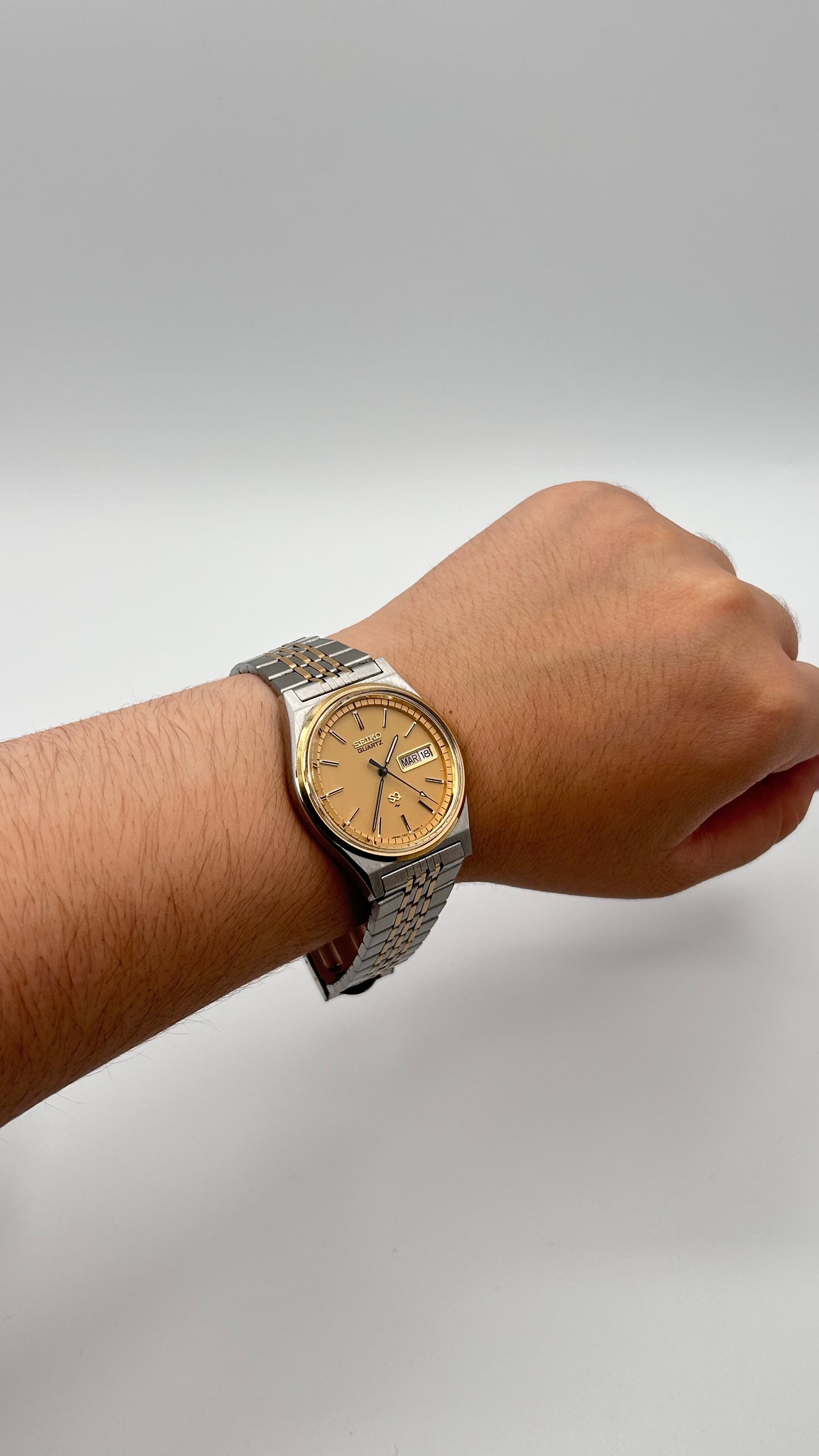 Vintage 1980 Seiko SQ watch, two tones, 36mm size case, 7.5in size wrist bracelet