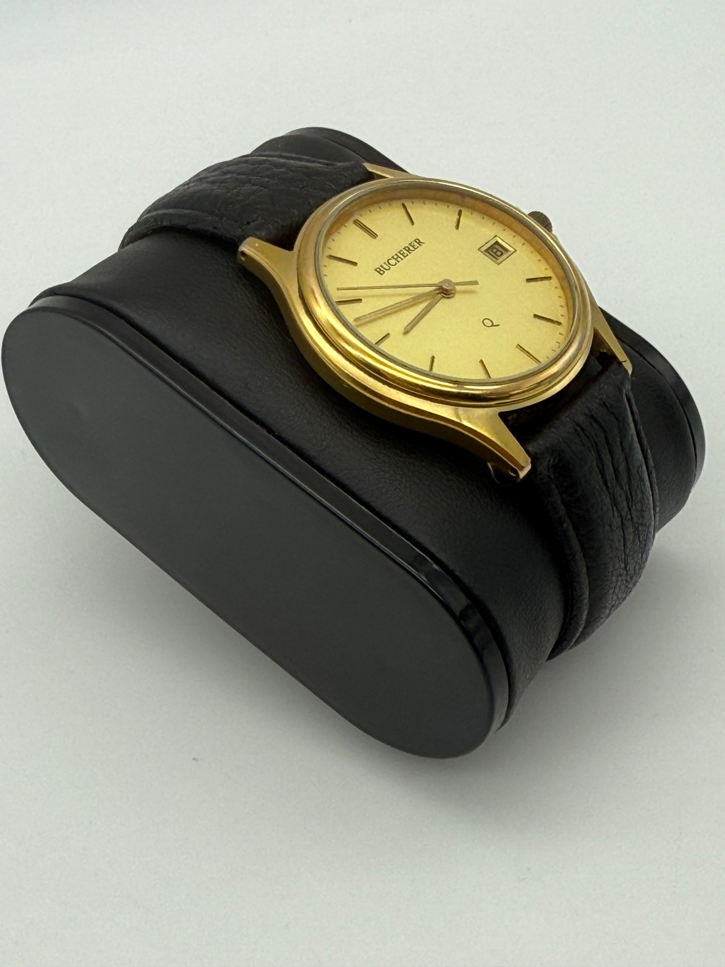 Bucherer Swiss watch, 36mm size case, 8in wrist leather band