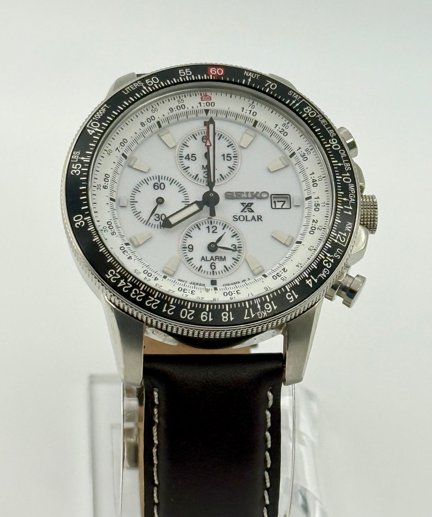 Seiko Flightmaster Solar Chronograph Pilot, 45mm size case, 8in size wrist leather band