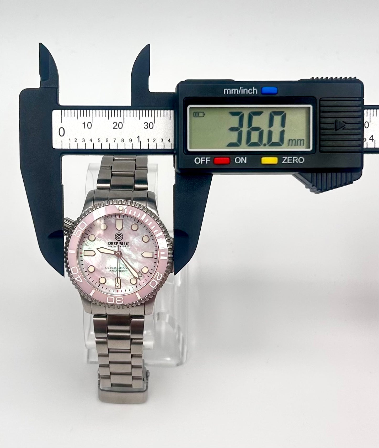 Deep Blue Precision River Lizzy Blue diver watch, 36mm size case, 6in size wrist bracelet.