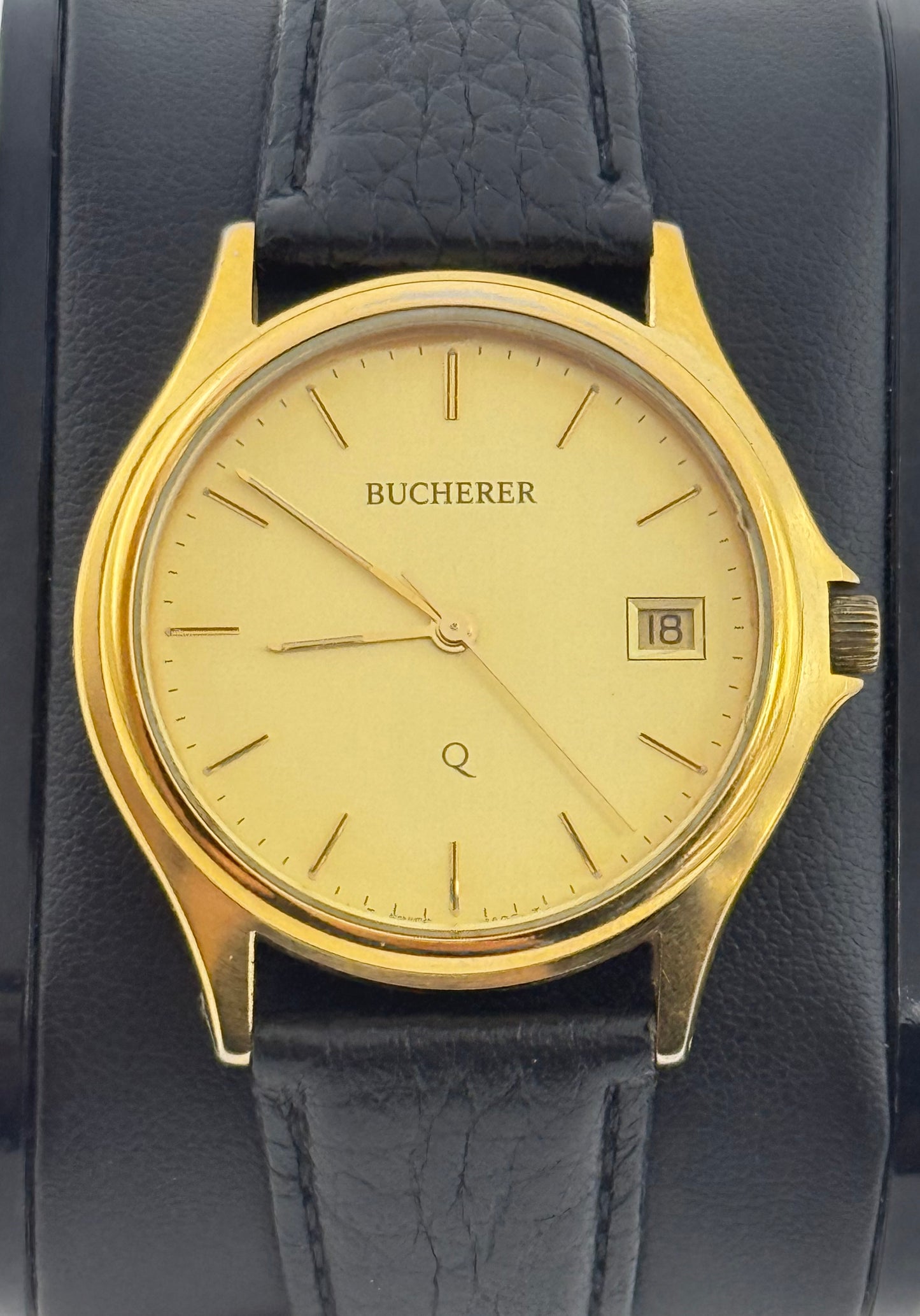 Bucherer Swiss watch, 36mm size case, 8in wrist leather band