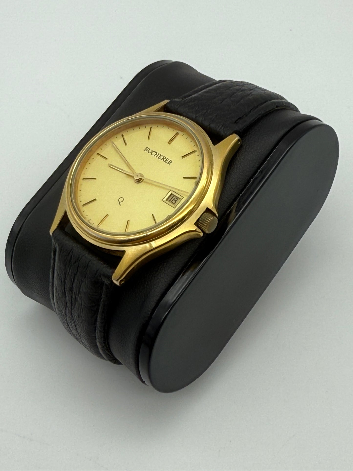 Bucherer Swiss watch, 36mm size case, 8in wrist leather band