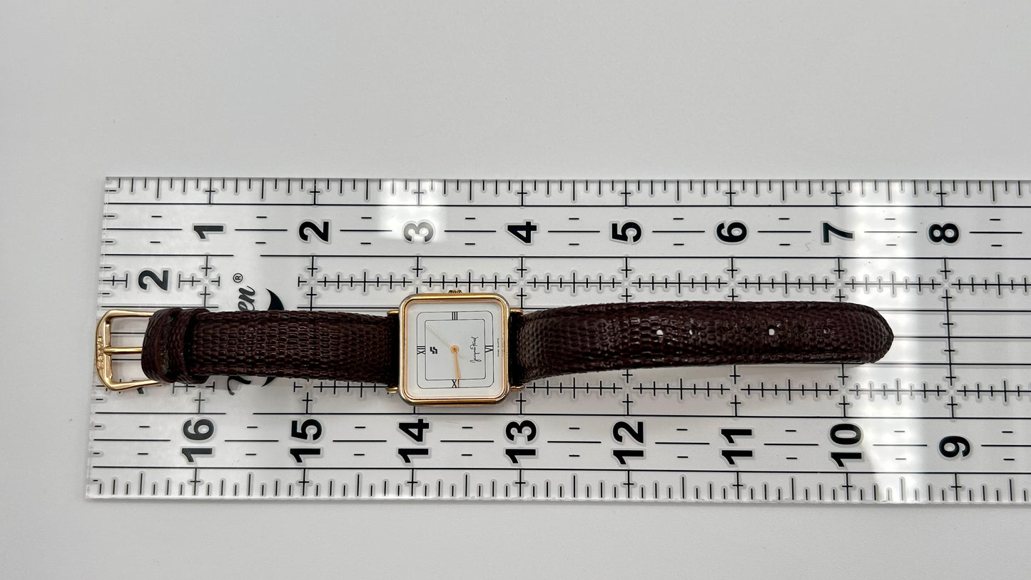 Vintage Jacques Farel watch, Swiss made, 27mm size case, 7in seize leather band.