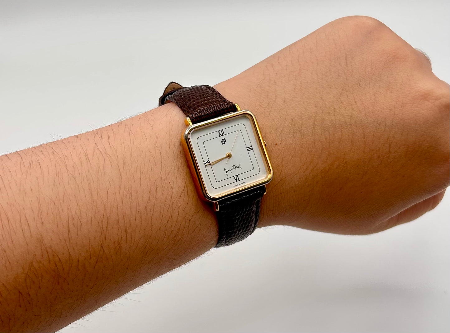 Vintage Jacques Farel watch, Swiss made, 27mm size case, 7in seize leather band.