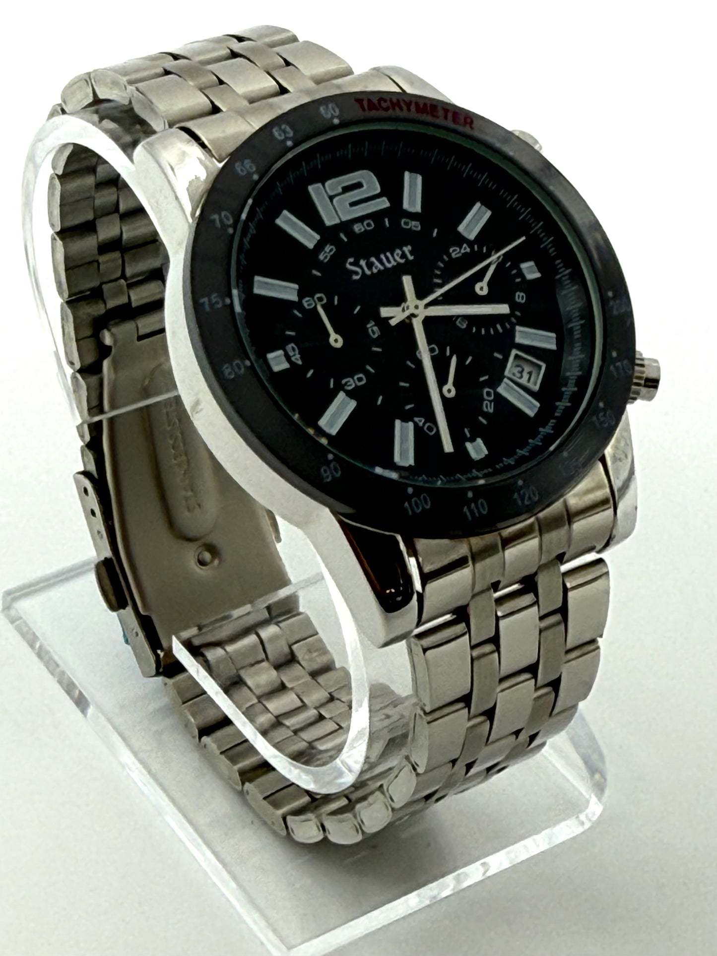 Stauer tachymeter new watch chronograph, 43mm size case, 8in size wrist bracelet