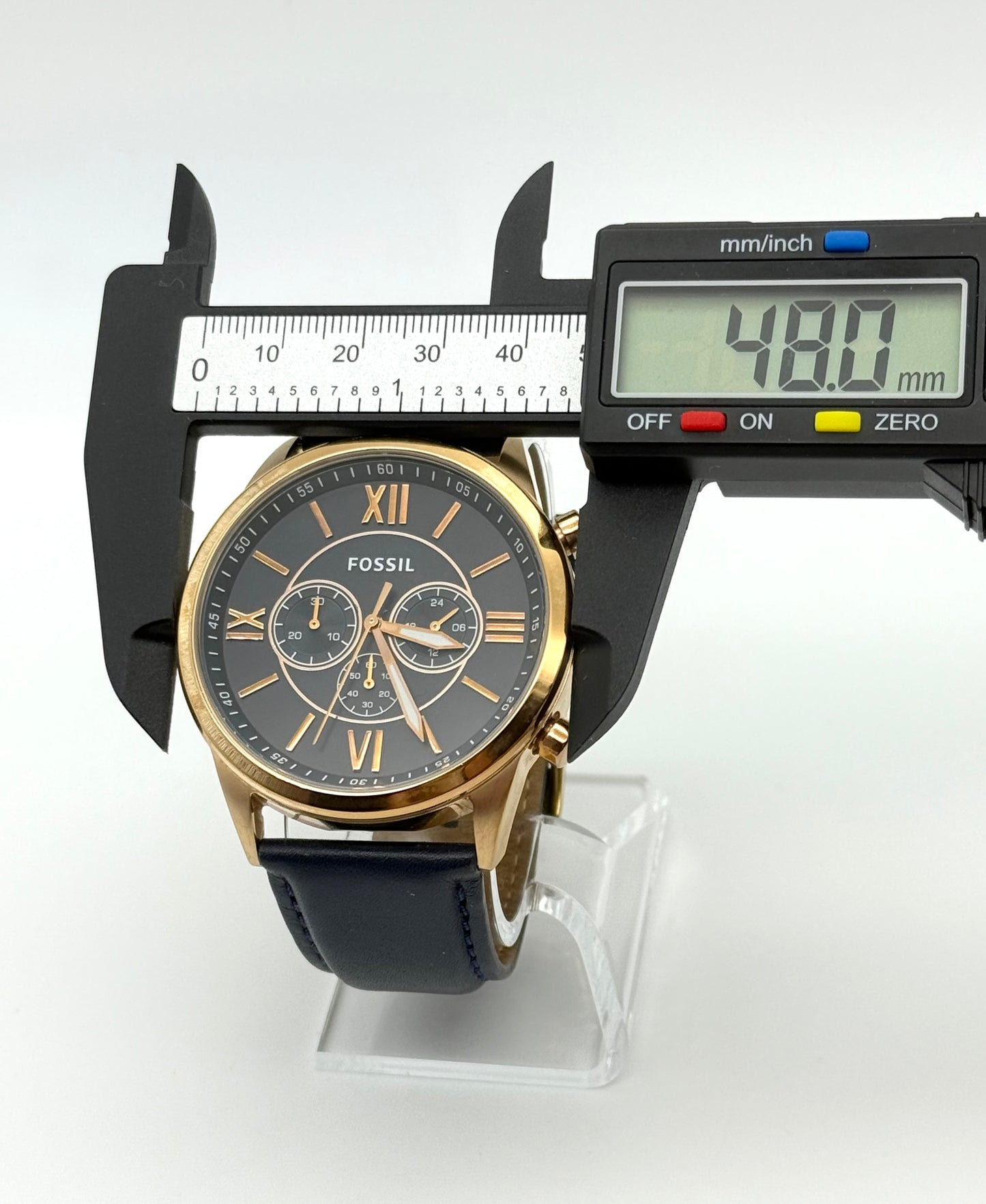 Fossil chronograph watch, 48mm size case, 8.5in size wrist band.