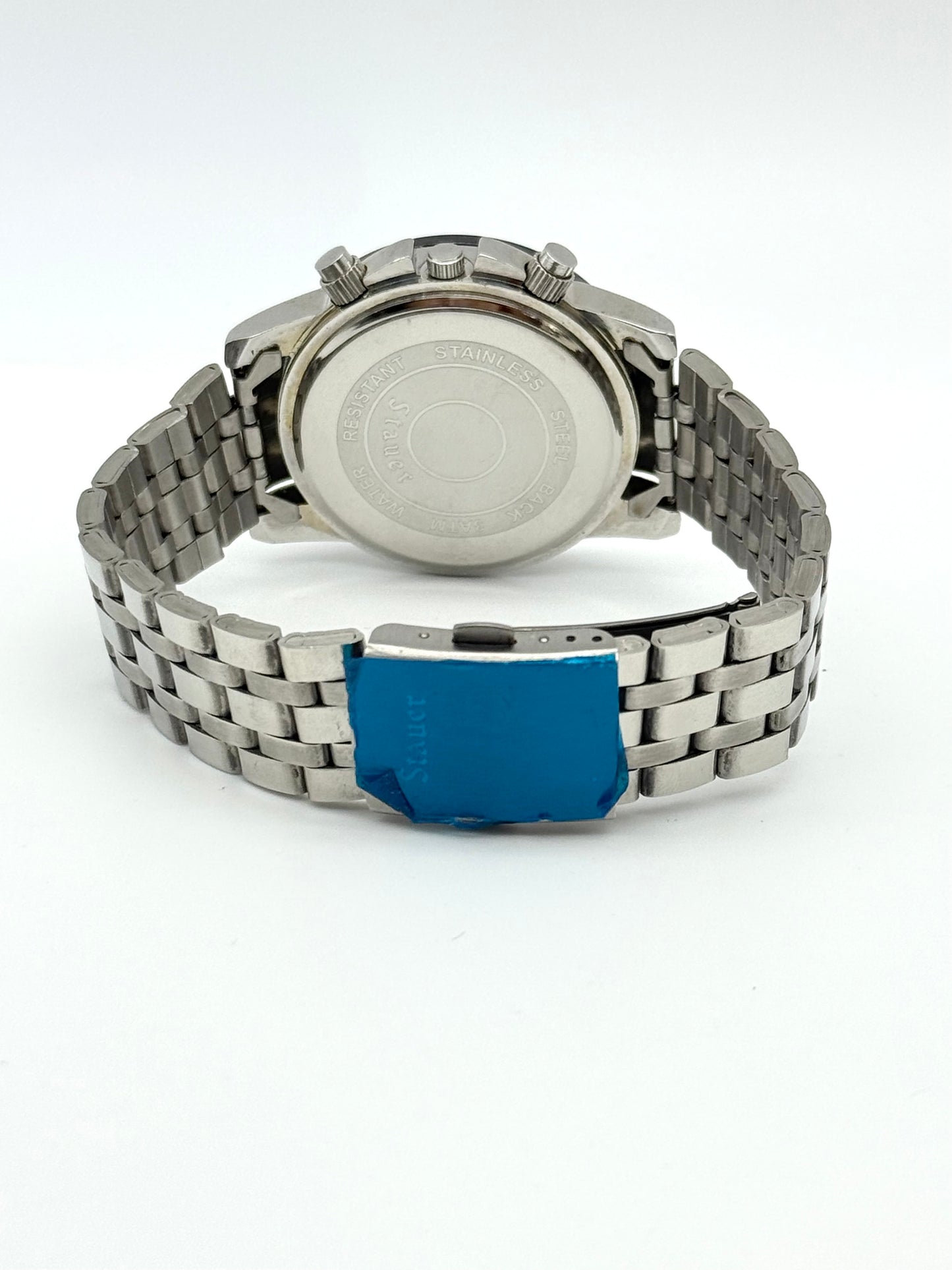 Stauer tachymeter new watch chronograph, 43mm size case, 8in size wrist bracelet