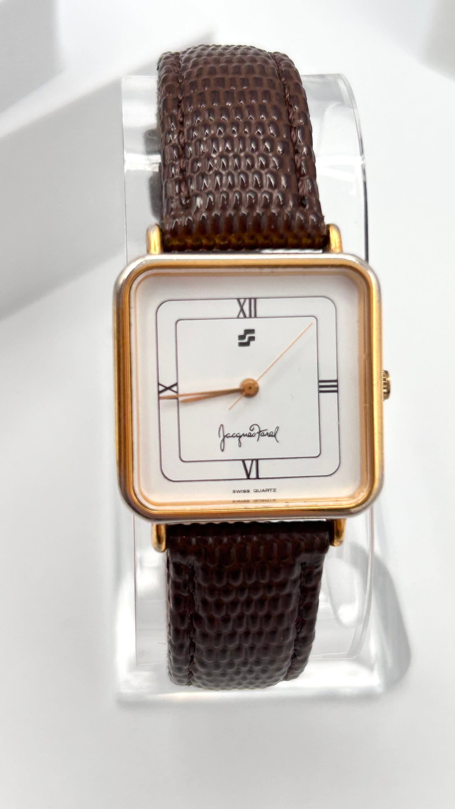 Vintage Jacques Farel watch, Swiss made, 27mm size case, 7in seize leather band.