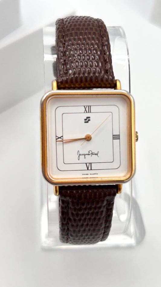 Vintage Jacques Farel watch, Swiss made, 27mm size case, 7in seize leather band.