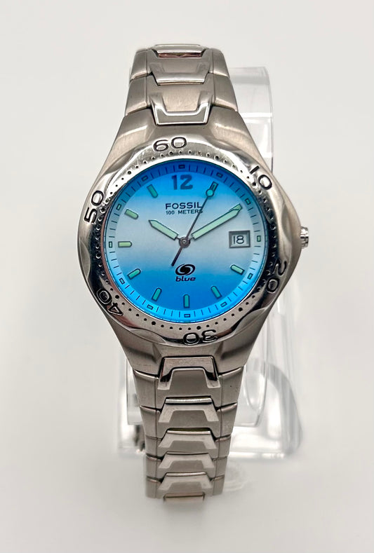Fossil Blue unixes watch 100 meters, 35mm size case, 6in size wrist bracelet