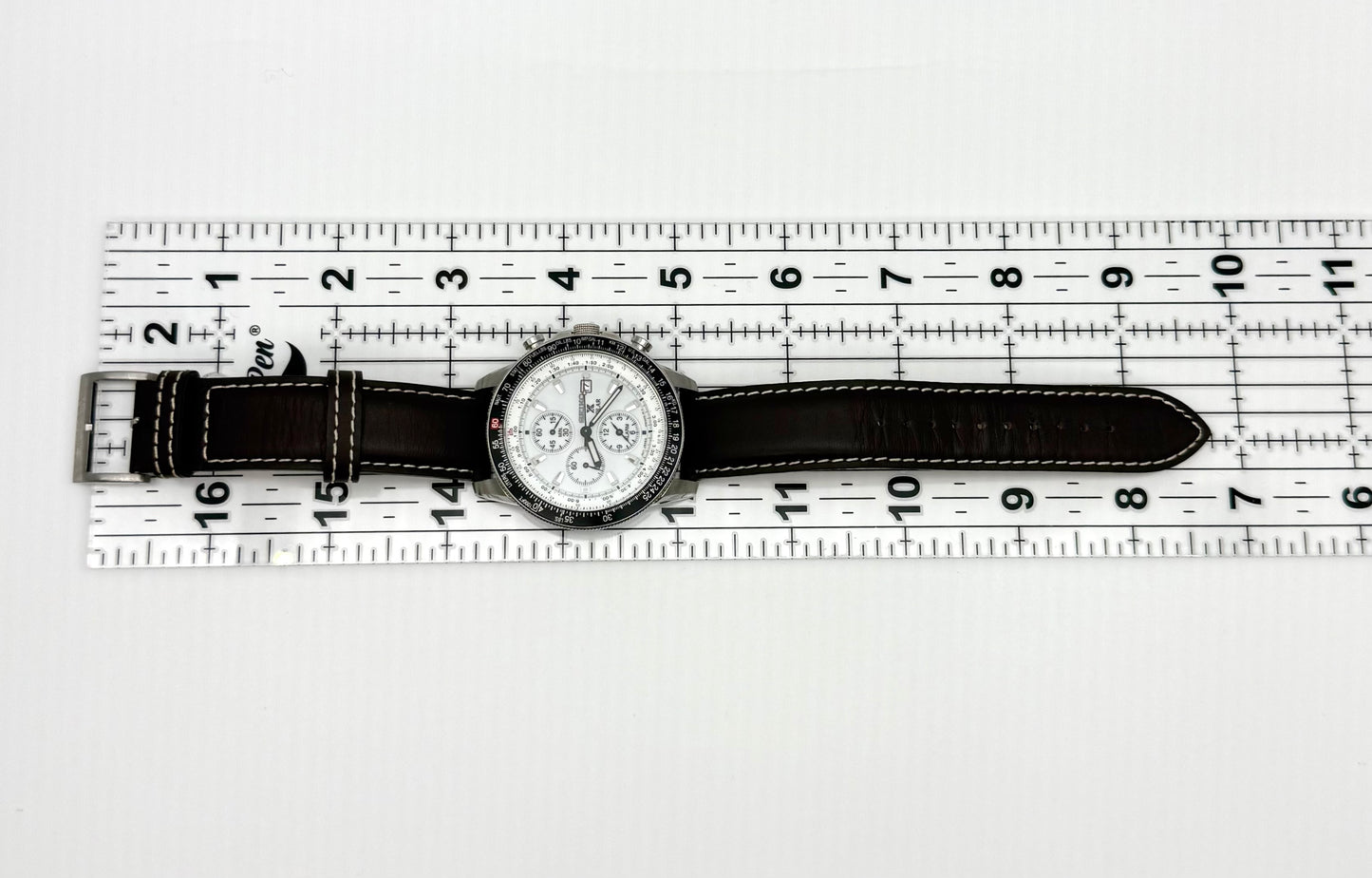 Seiko Flightmaster Solar Chronograph Pilot, 45mm size case, 8in size wrist leather band