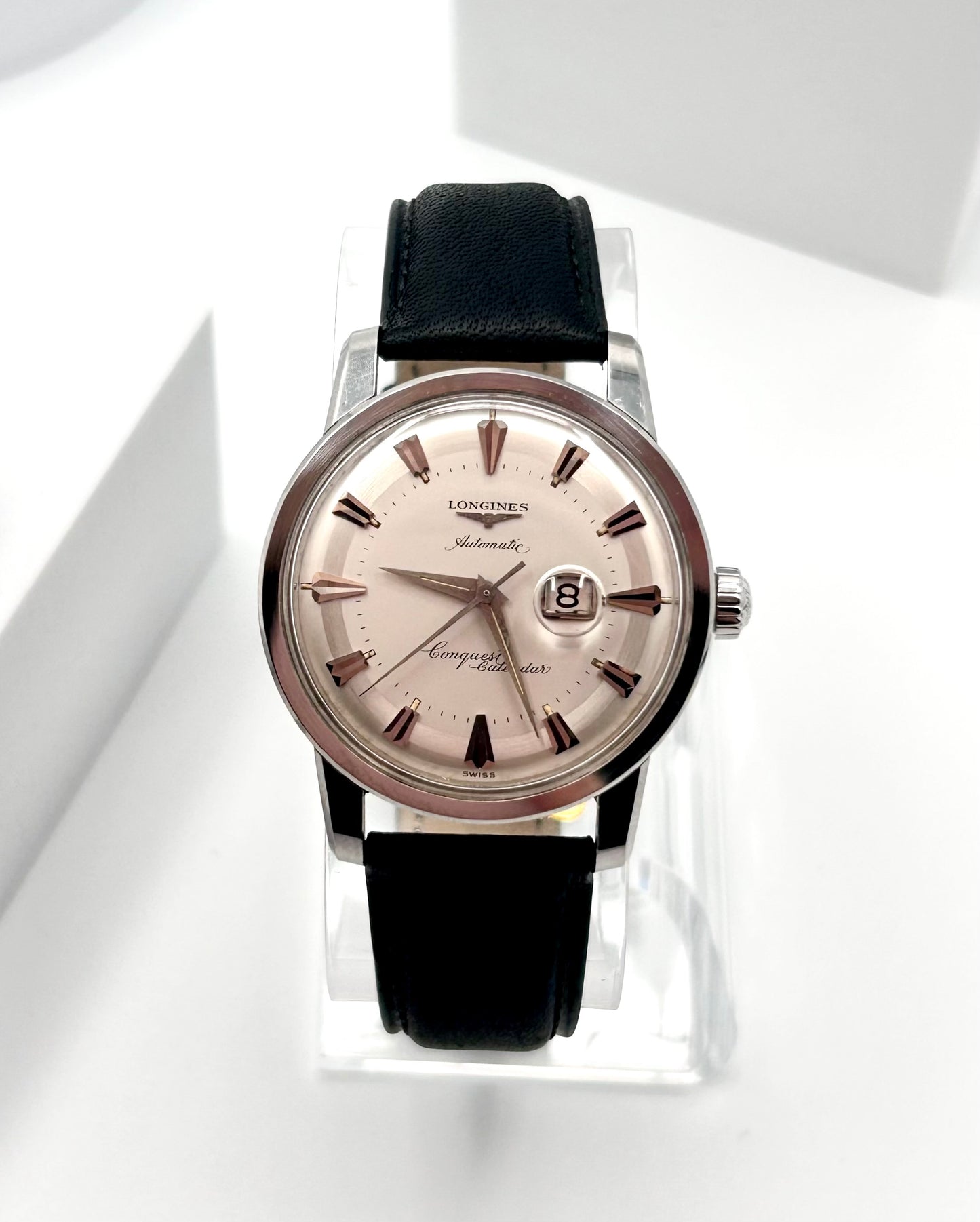 Vintage 1954 Longines Swiss watch, 36mm size case, 8in wrist leather band