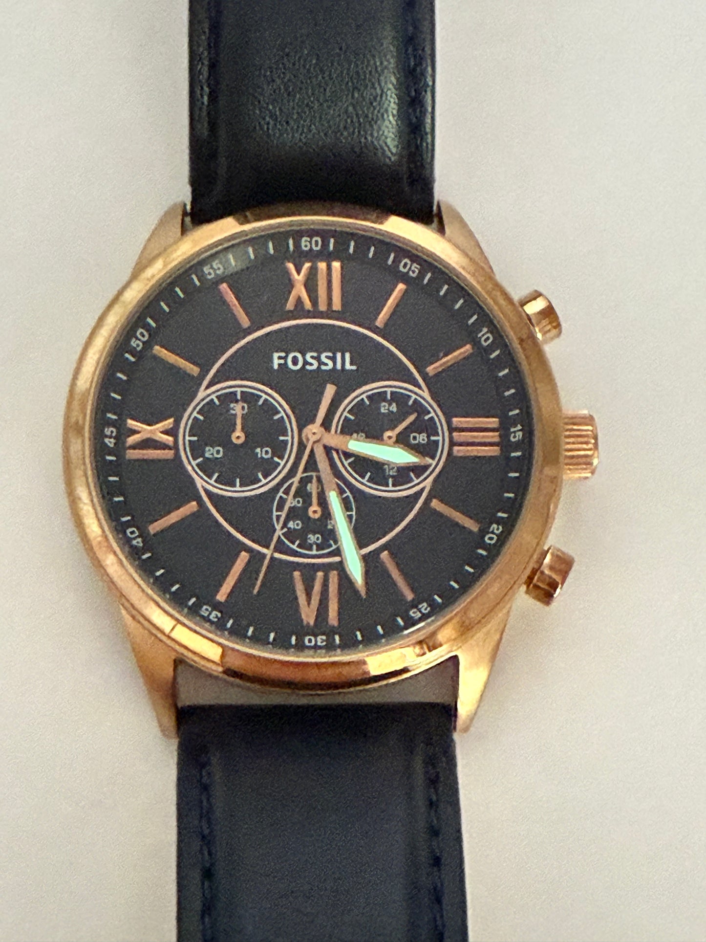 Fossil chronograph watch, 48mm size case, 8.5in size wrist band.