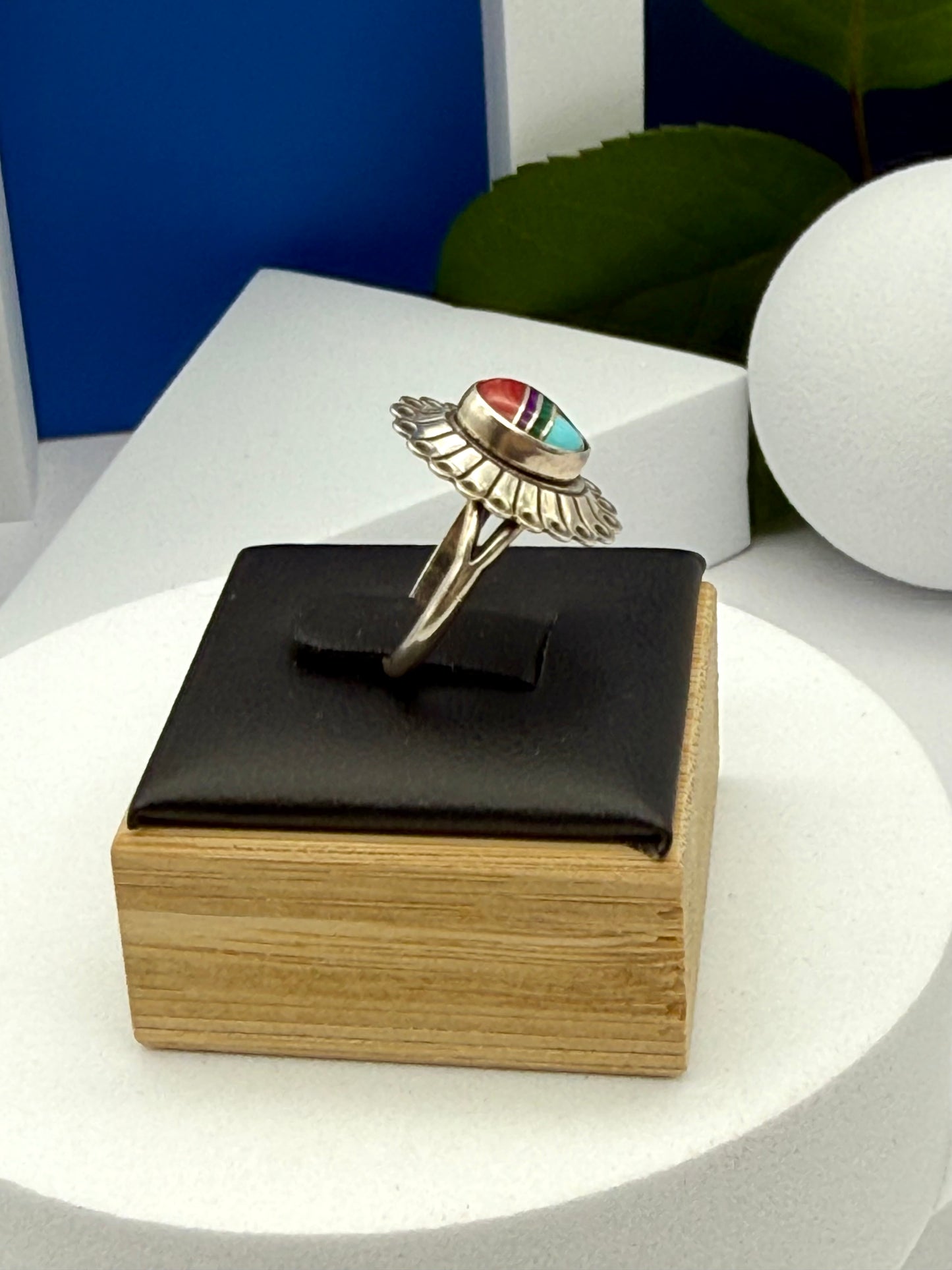 Vintage sterling silver ring American native Navajo inlay  size #5.5