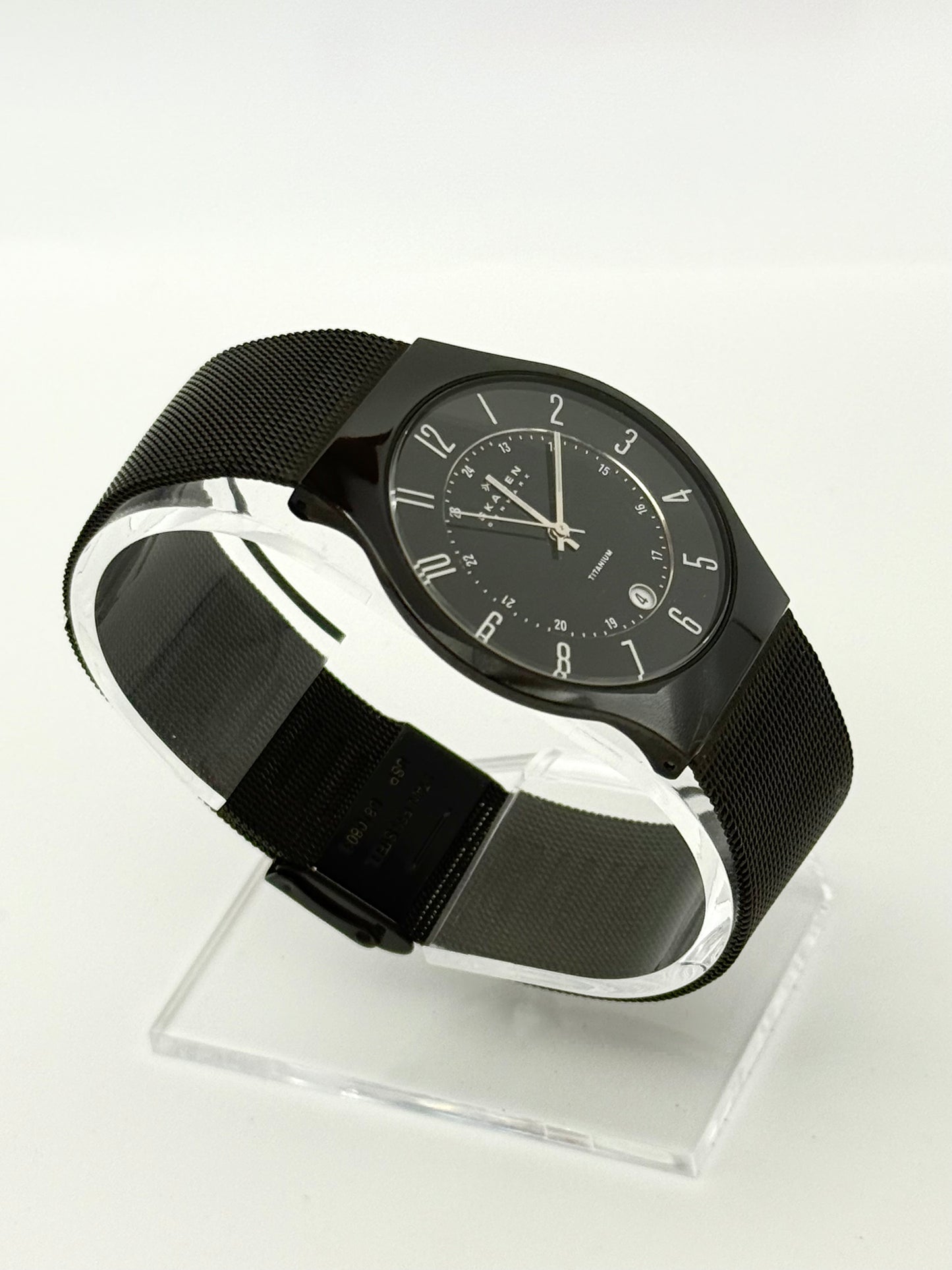 Skagen titanium watch, 38mm size case, 9.5in sizable wrist bracelet