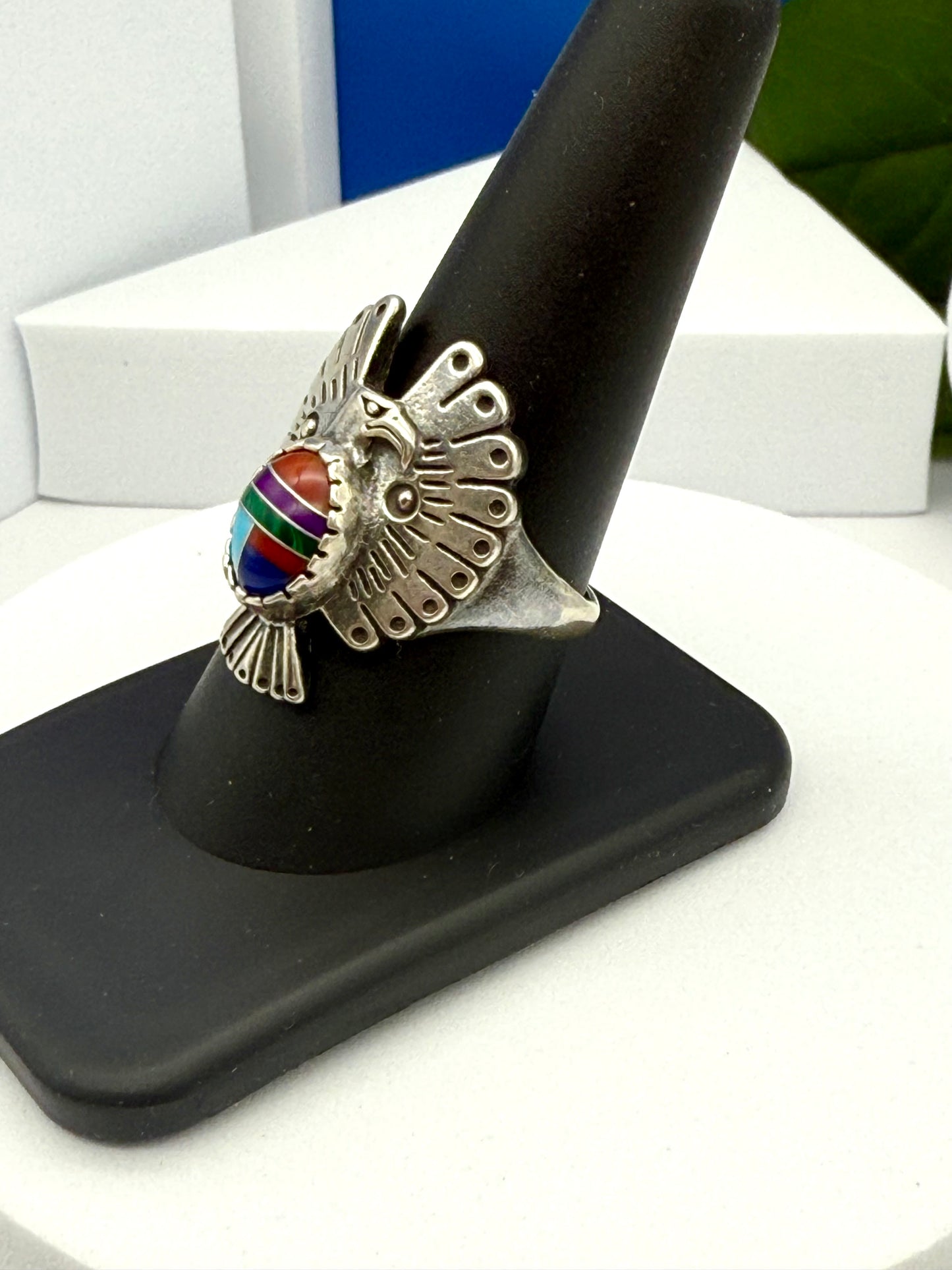 Vintage sterling silver ring American native Navajo inlay  size #9.5