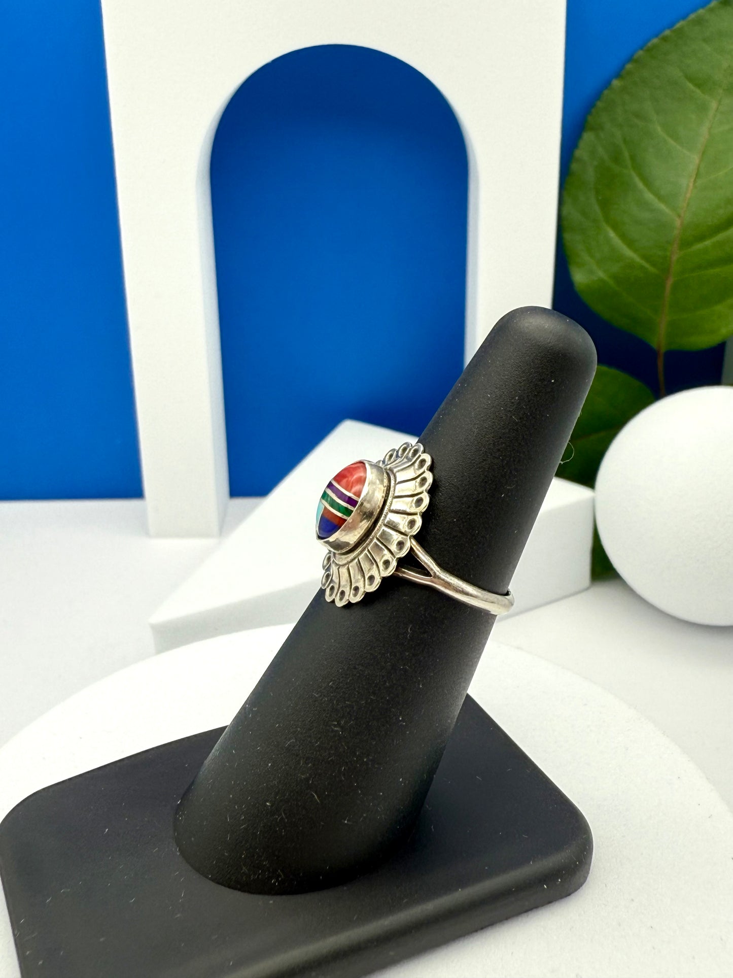 Vintage sterling silver ring American native Navajo inlay  size #5.5