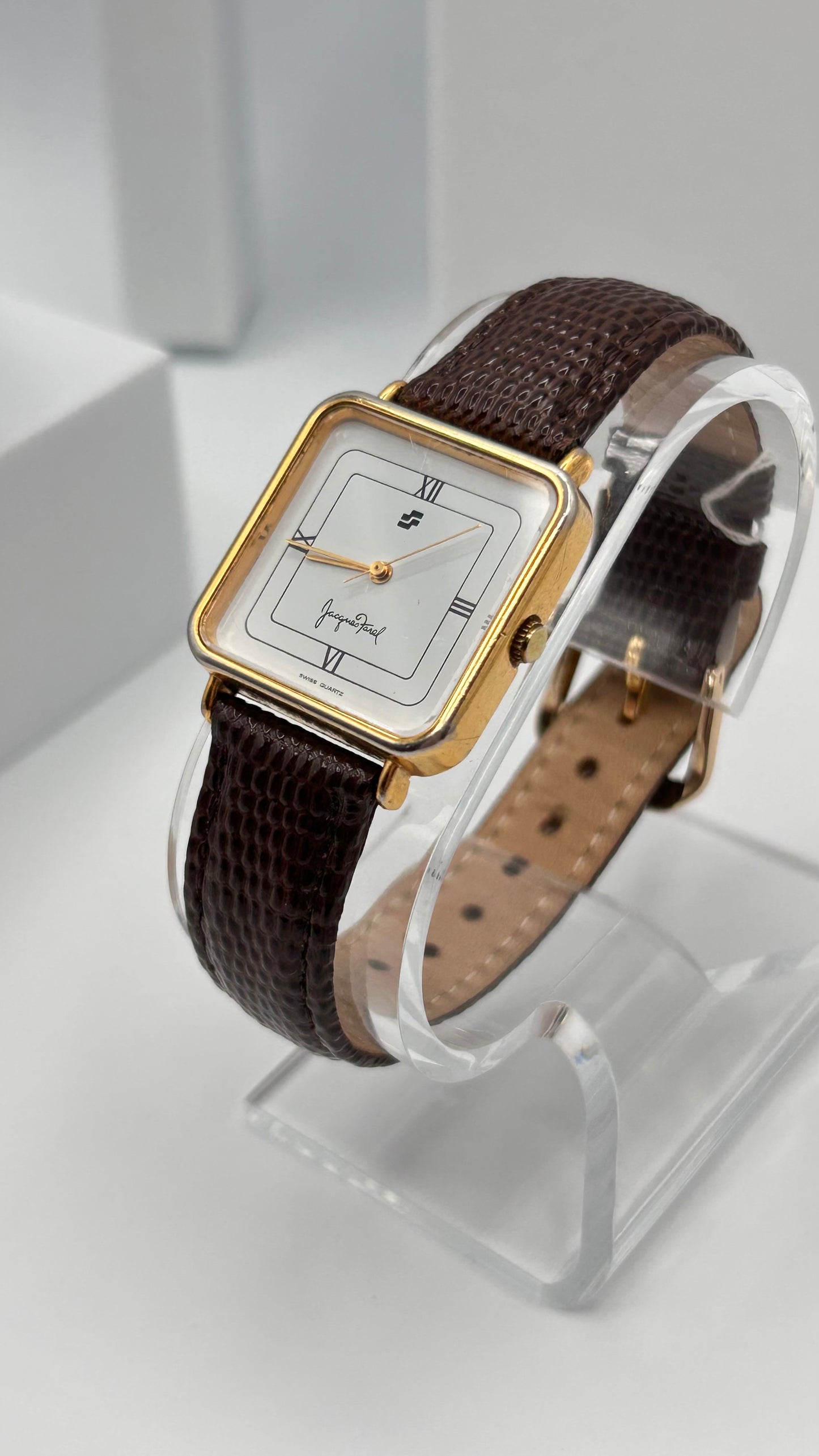 Vintage Jacques Farel watch, Swiss made, 27mm size case, 7in seize leather band.