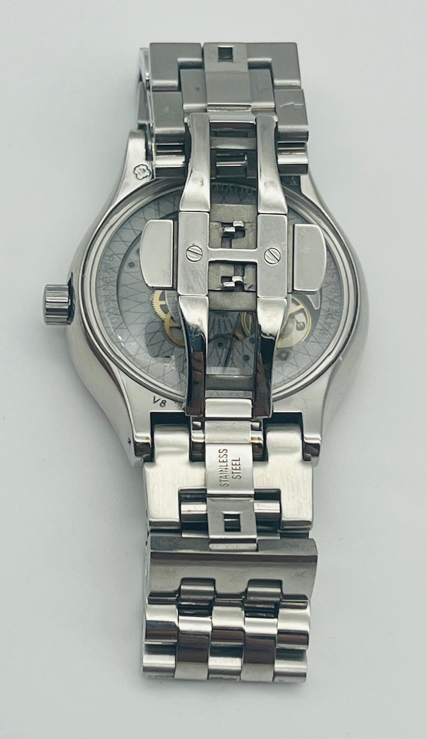 Automatic Swatch Watch, Swiss made, clear case back, 42mm size case, 7in size wrist bracelet