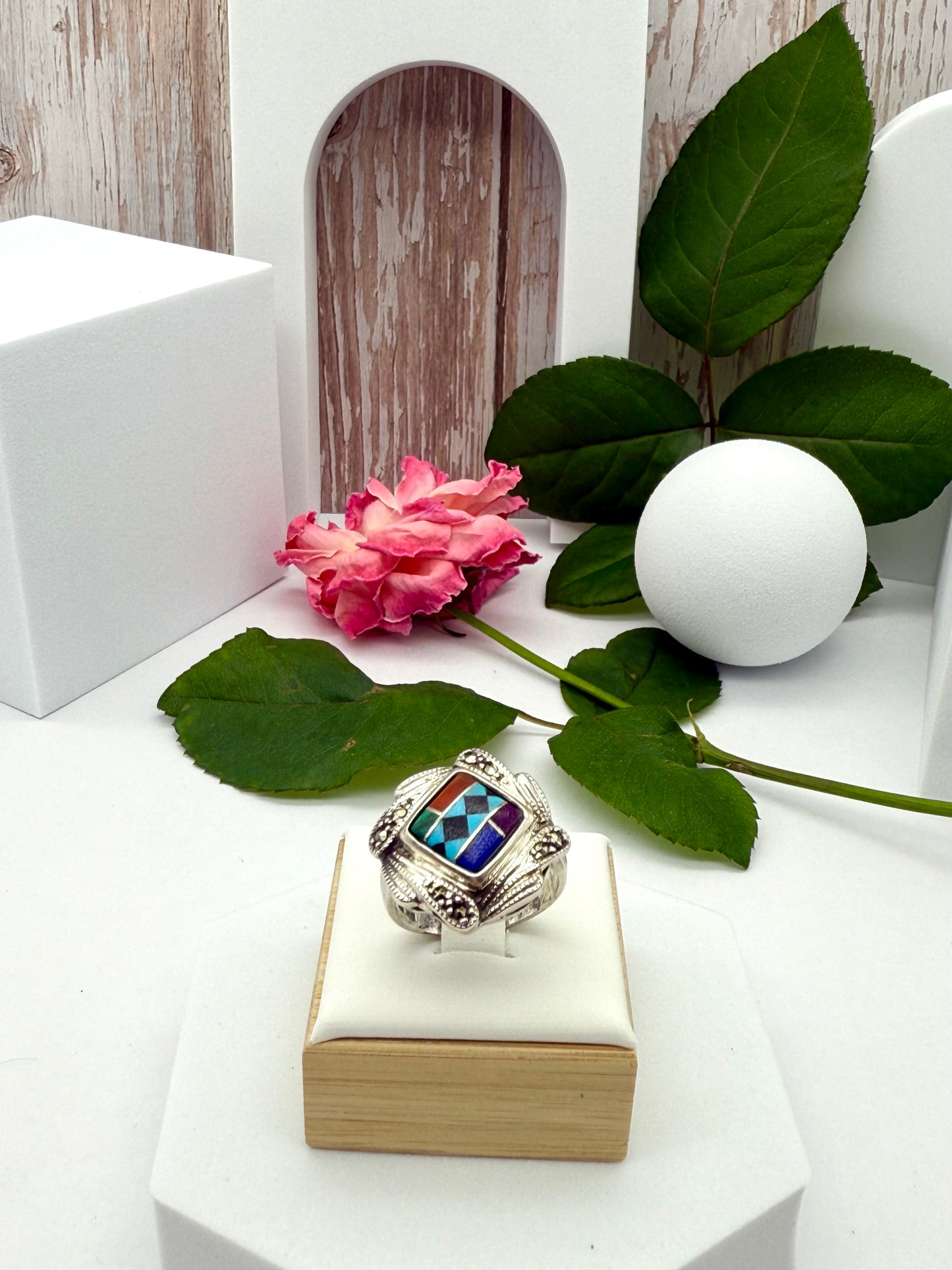 Vintage KC Sterling Silver Ring American Native Mosaic Inlay size # 9