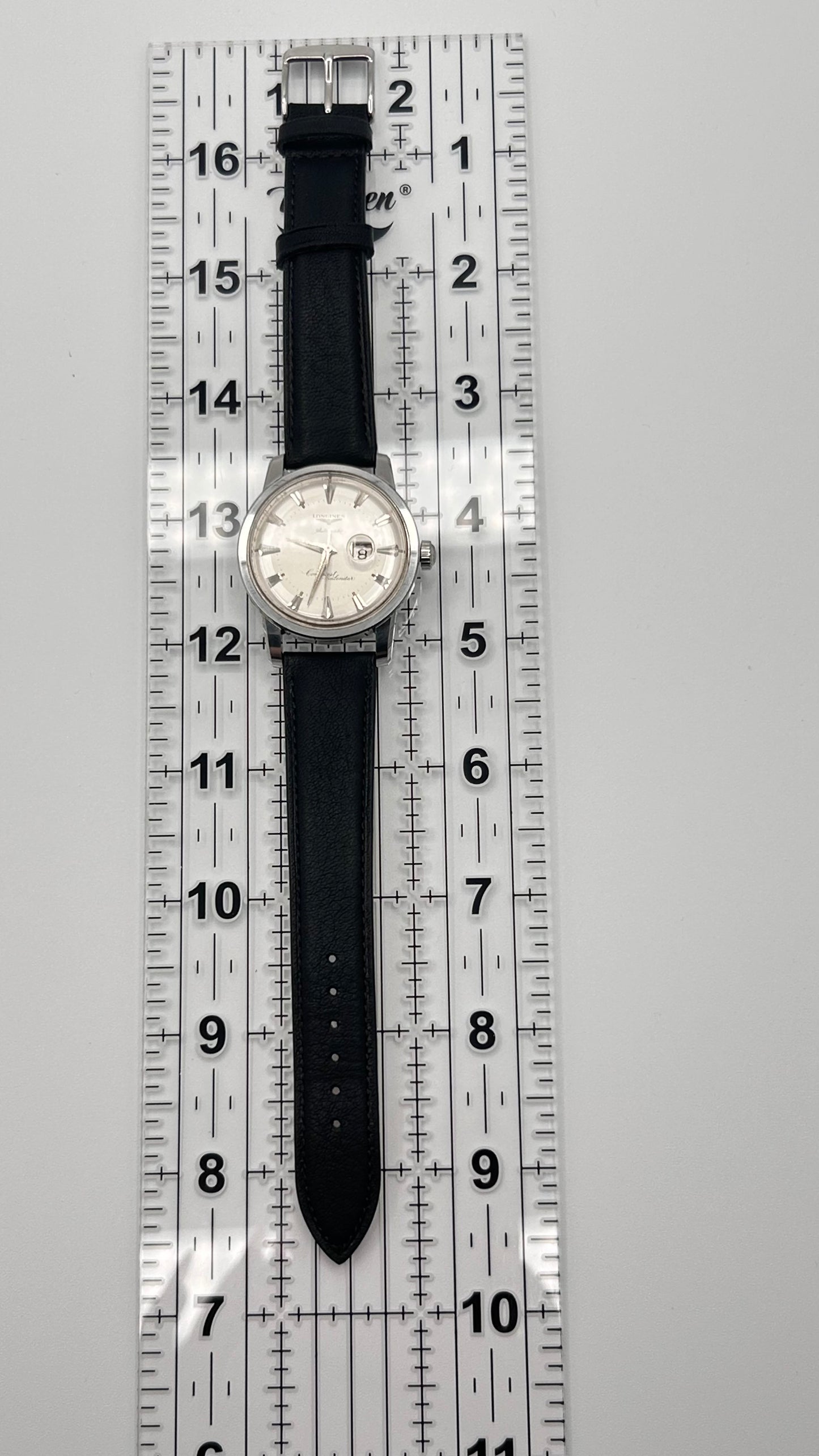 Vintage 1954 Longines Swiss watch, 36mm size case, 8in wrist leather band