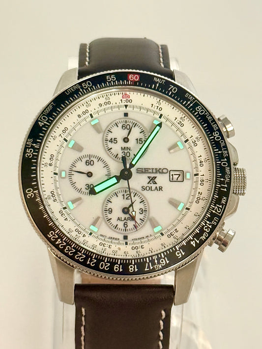 Seiko Flightmaster Solar Chronograph Pilot, 45mm size case, 8in size wrist leather band