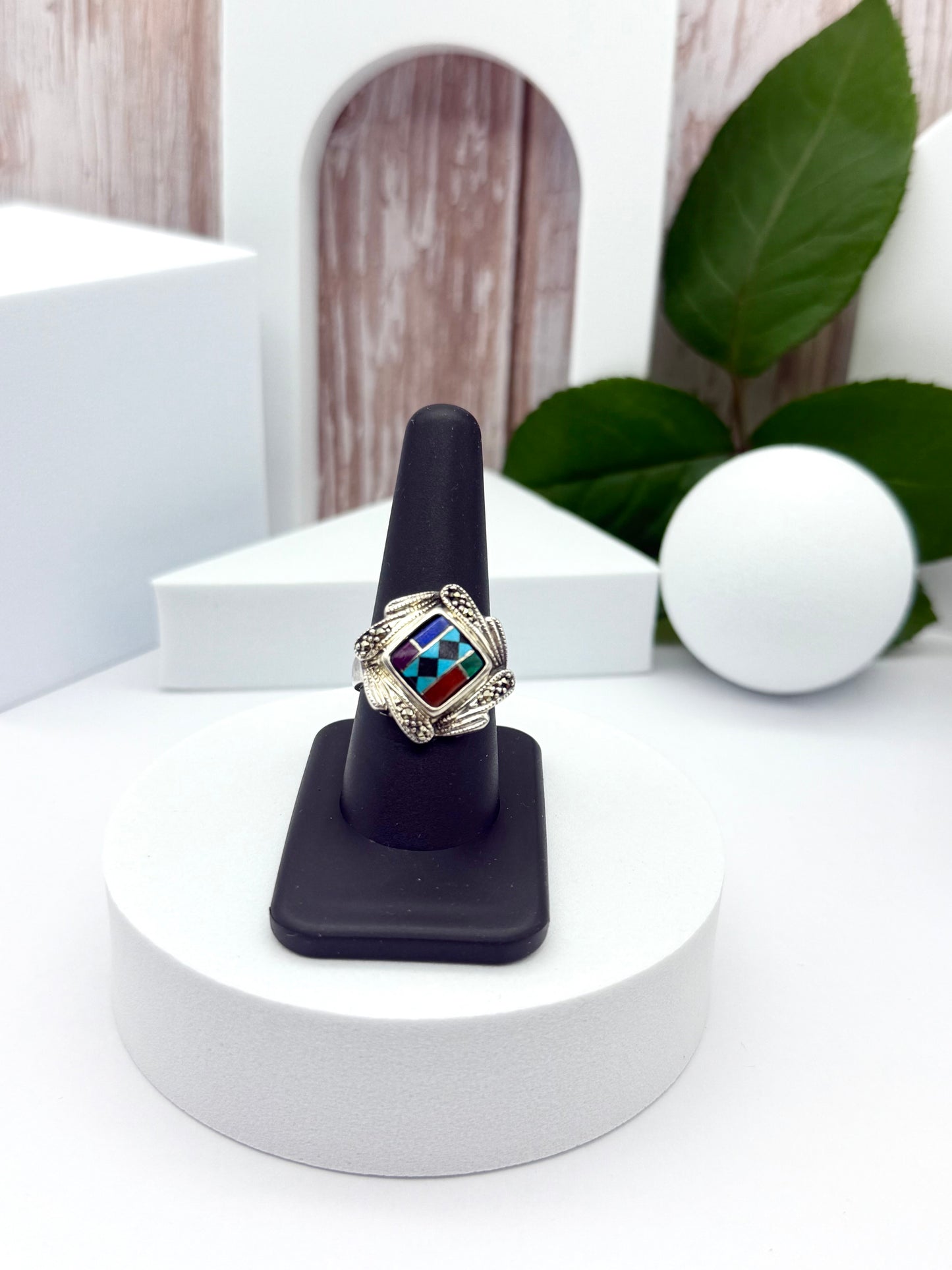Vintage KC Sterling Silver Ring American Native Mosaic Inlay size # 9