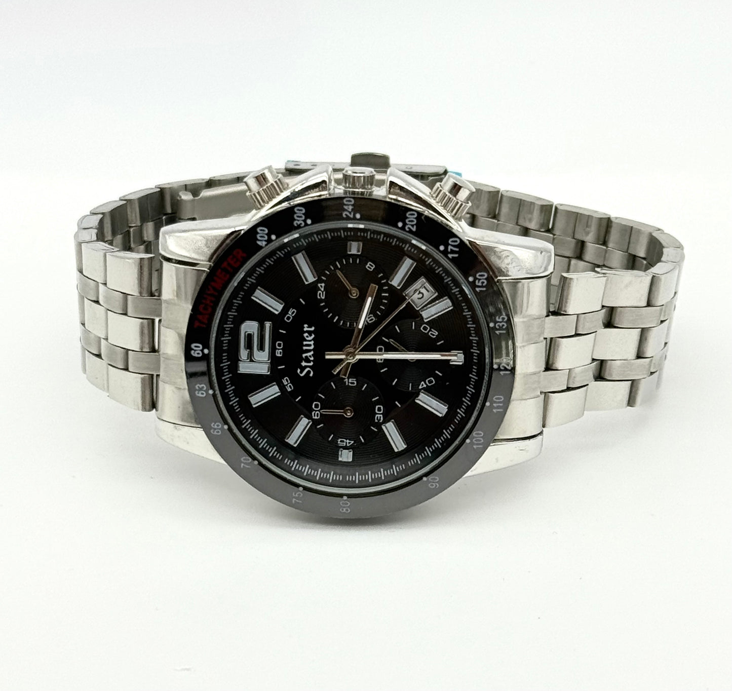 Stauer tachymeter new watch chronograph, 43mm size case, 8in size wrist bracelet