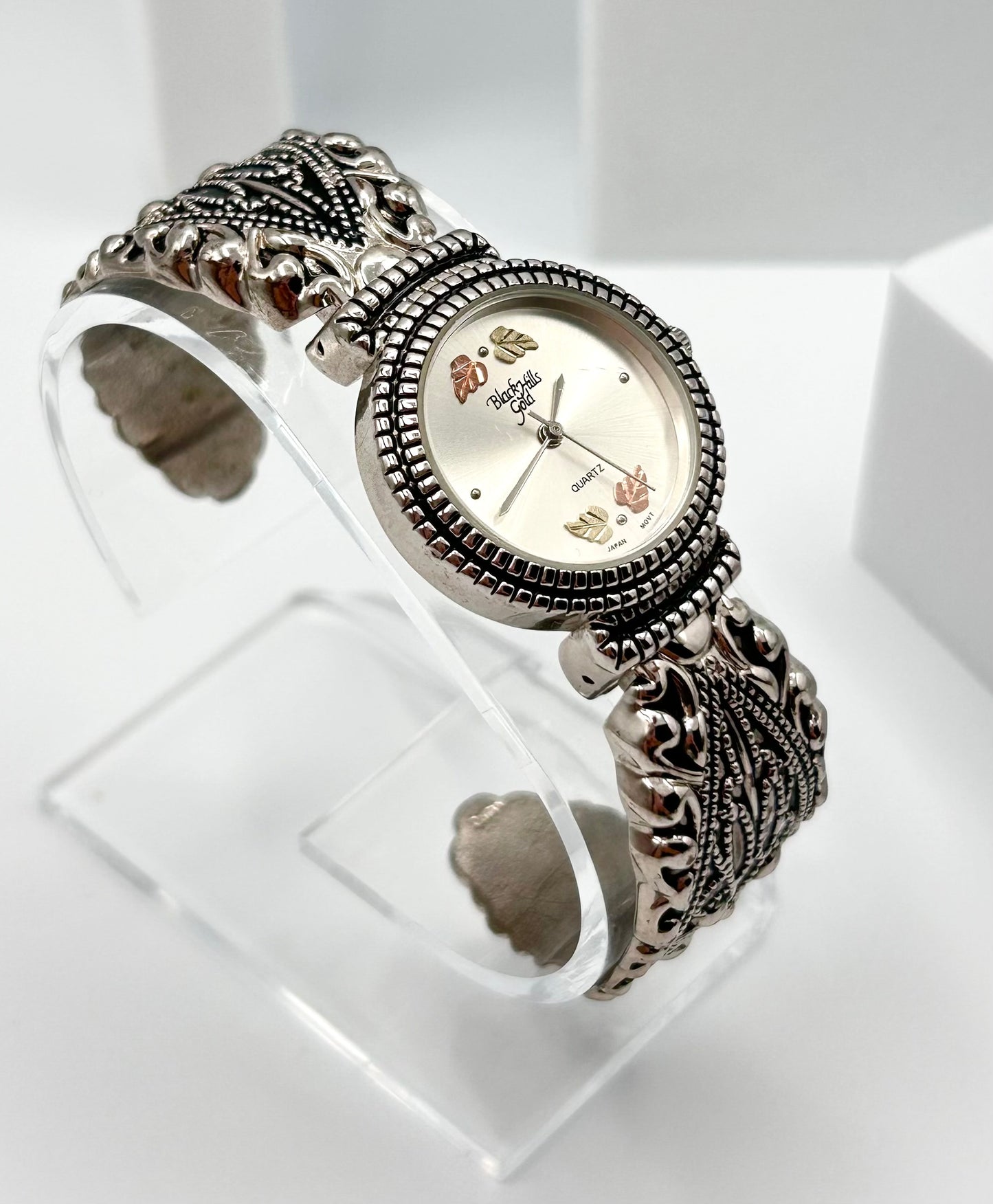 Vintage Black Hills Gold 12k and stainless steel cuff watch, 28mm size case, 5.5 in size wrist cuff