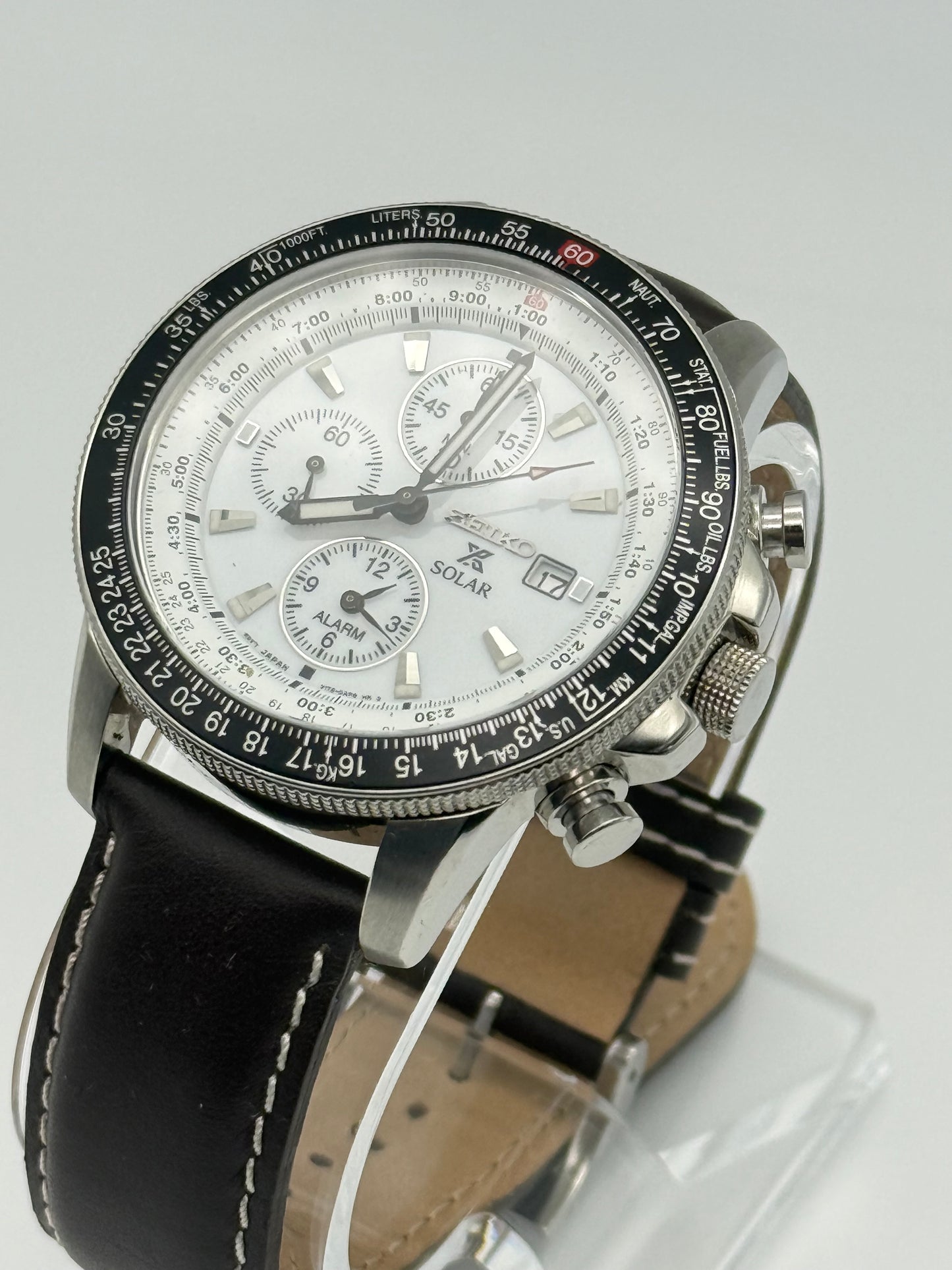 Seiko Flightmaster Solar Chronograph Pilot, 45mm size case, 8in size wrist leather band