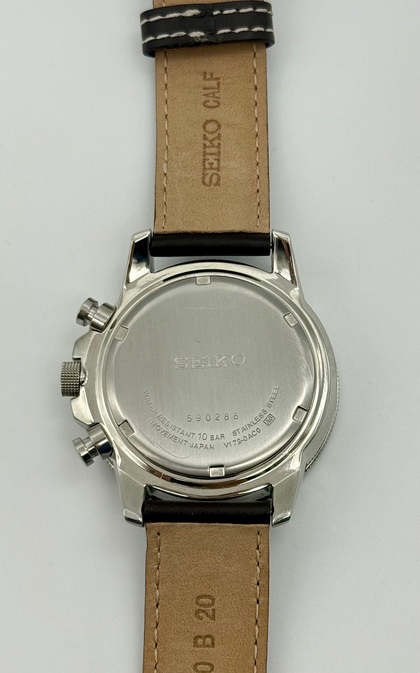 Seiko Flightmaster Solar Chronograph Pilot, 45mm size case, 8in size wrist leather band