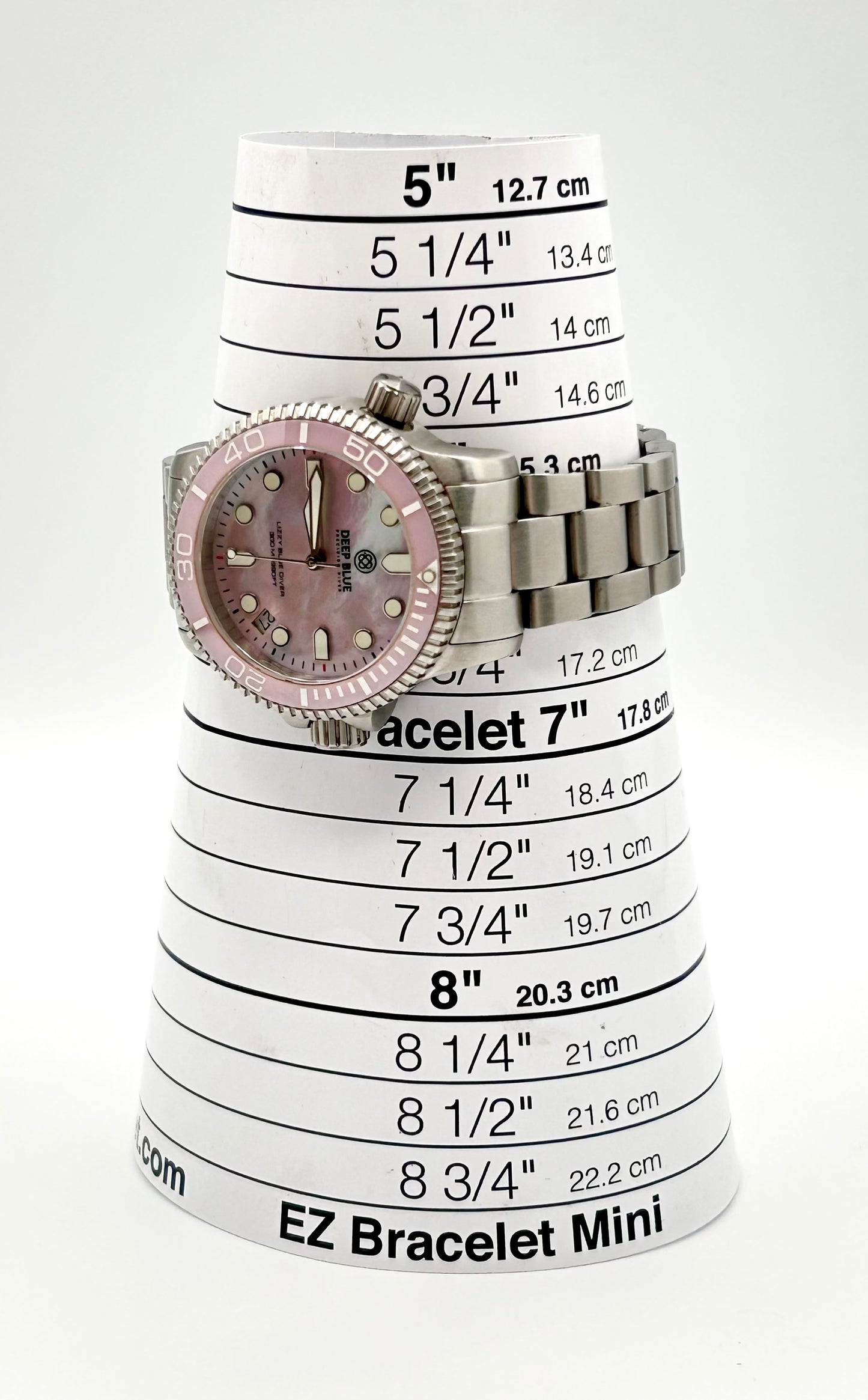 Deep Blue Precision River Lizzy Blue diver watch, 36mm size case, 6in size wrist bracelet.