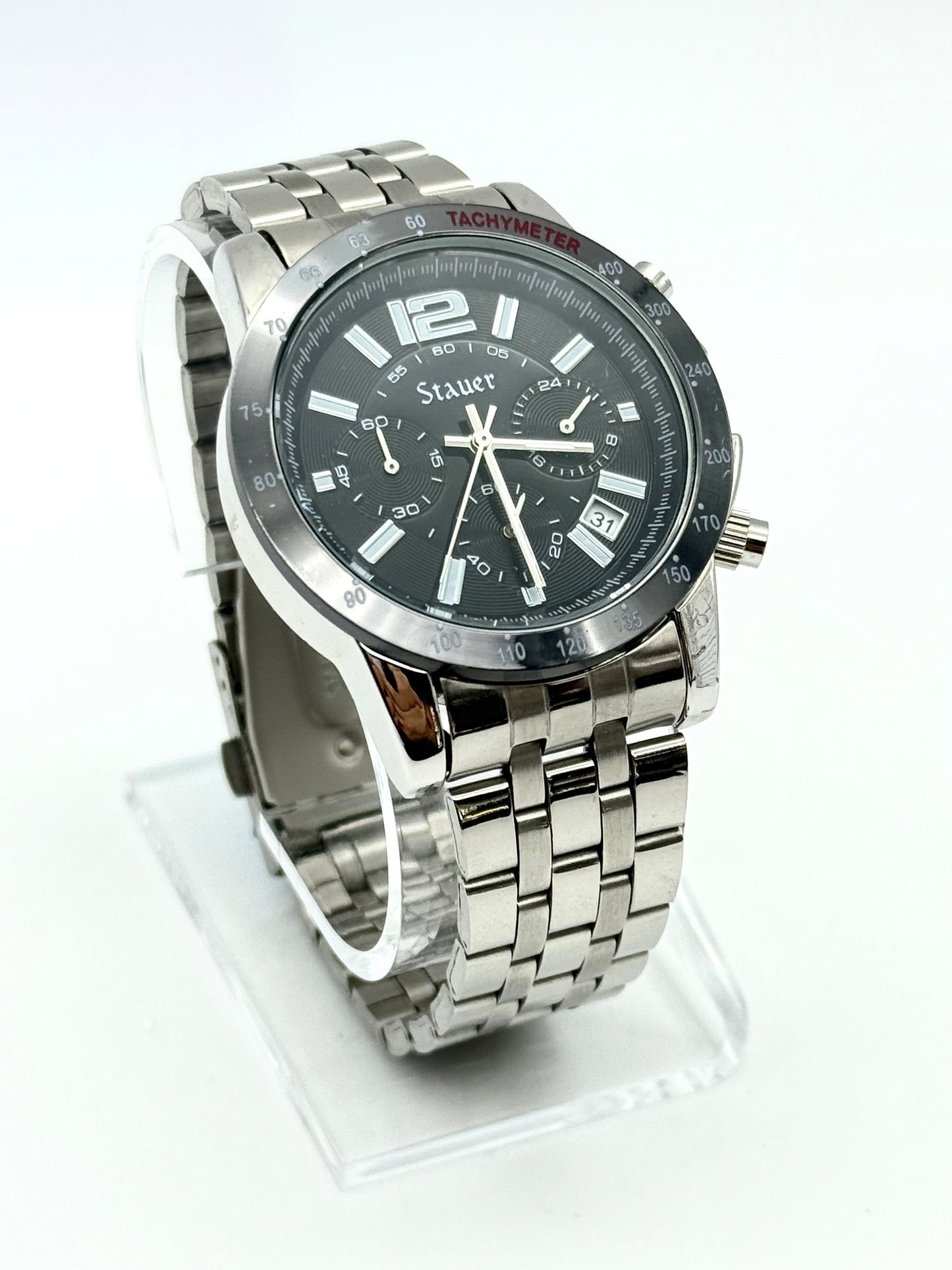 Stauer tachymeter new watch chronograph, 43mm size case, 8in size wrist bracelet