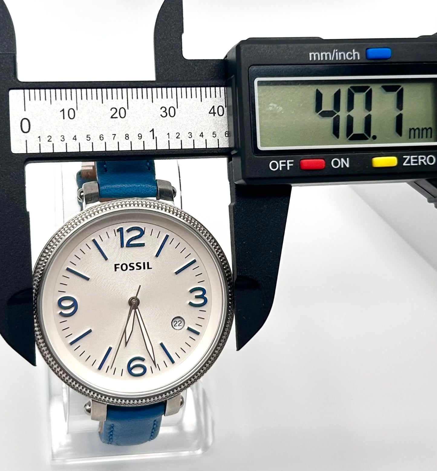 Fossil Heather Blue women’s watch, 40mm size case, 8in size wrist leather band