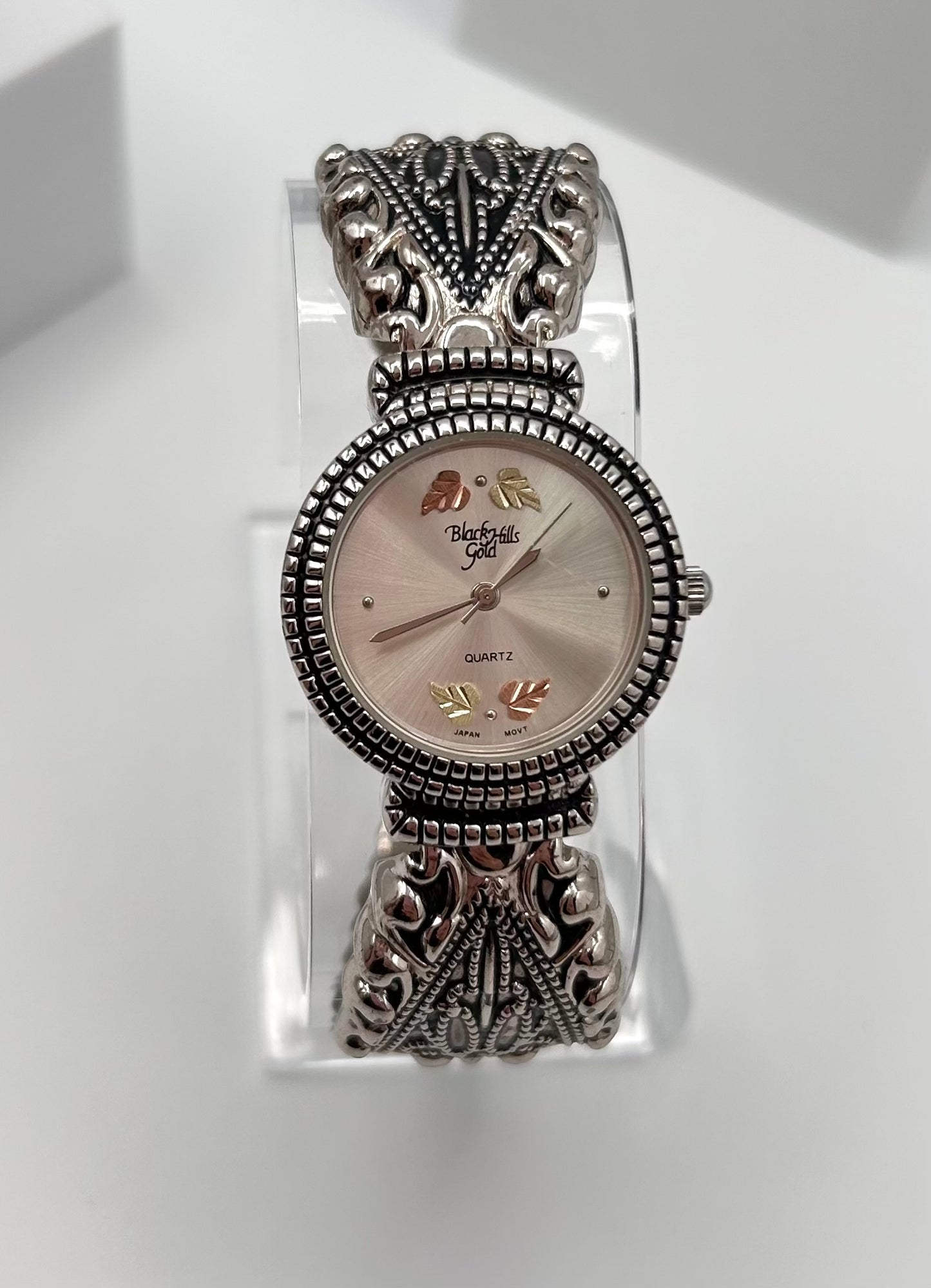 Vintage Black Hills Gold 12k and stainless steel cuff watch, 28mm size case, 5.5 in size wrist cuff