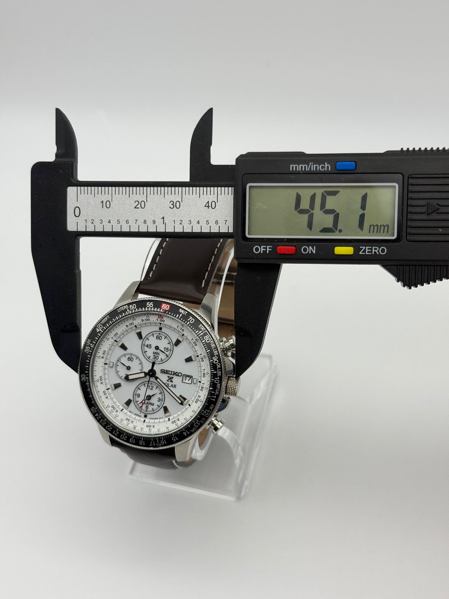 Seiko Flightmaster Solar Chronograph Pilot, 45mm size case, 8in size wrist leather band