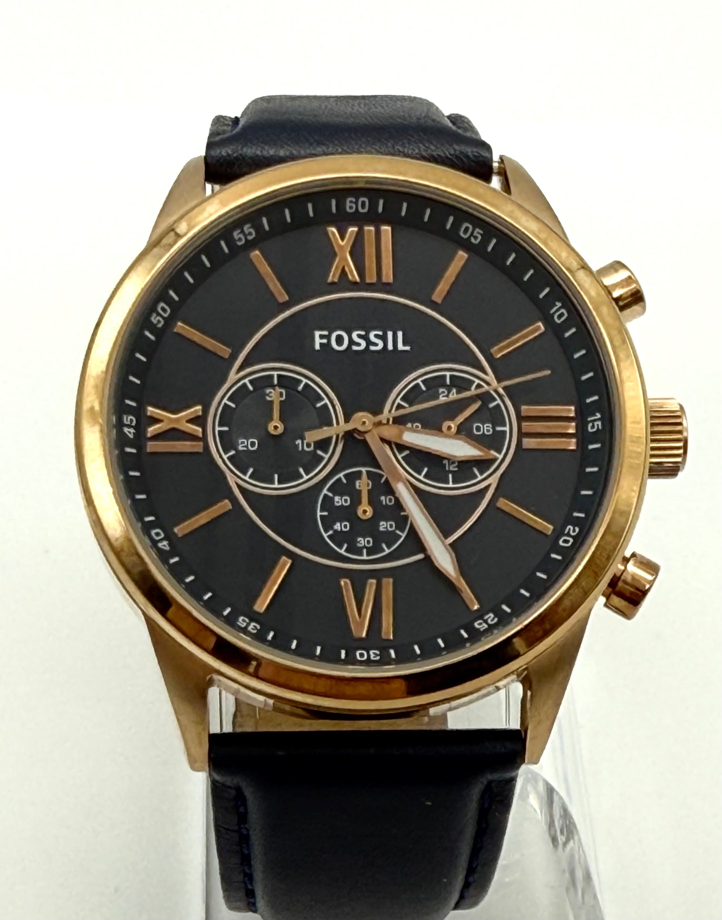 Fossil chronograph watch, 48mm size case, 8.5in size wrist band.