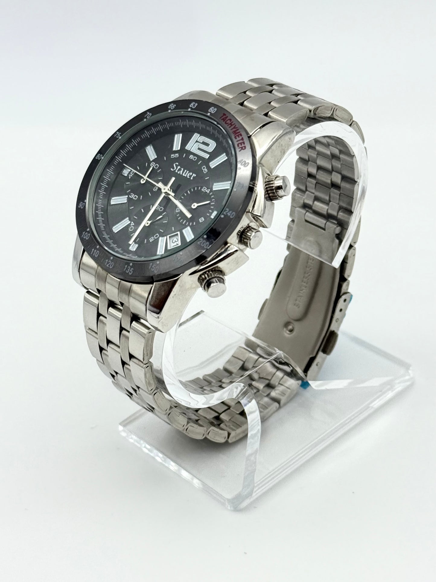 Stauer tachymeter new watch chronograph, 43mm size case, 8in size wrist bracelet