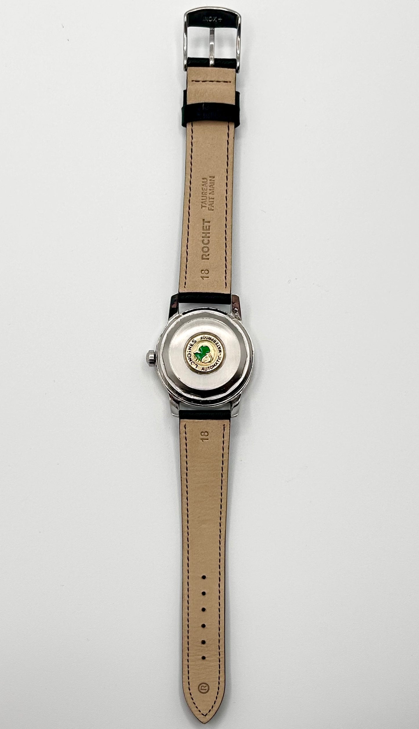 Vintage 1954 Longines Swiss watch, 36mm size case, 8in wrist leather band