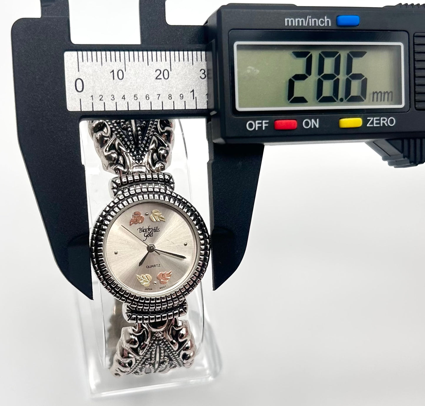 Vintage Black Hills Gold 12k and stainless steel cuff watch, 28mm size case, 5.5 in size wrist cuff