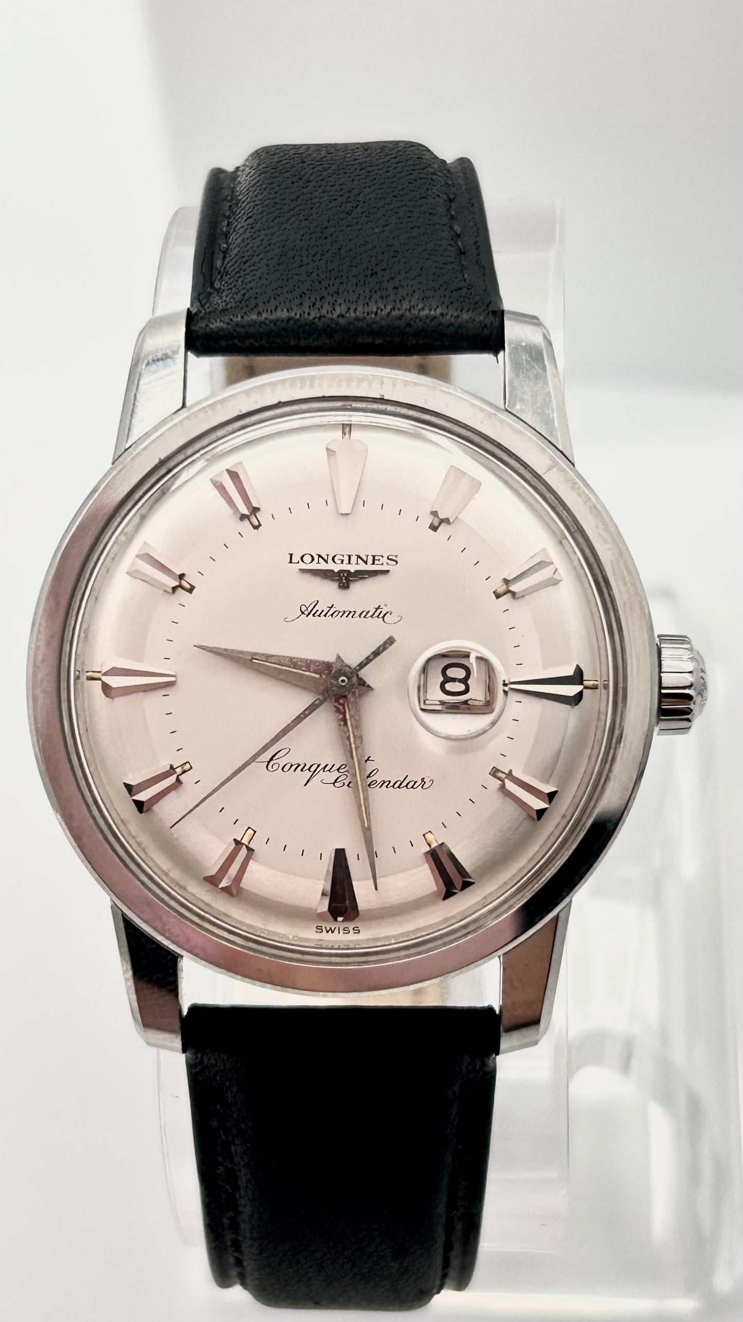 Vintage 1954 Longines Swiss watch, 36mm size case, 8in wrist leather band