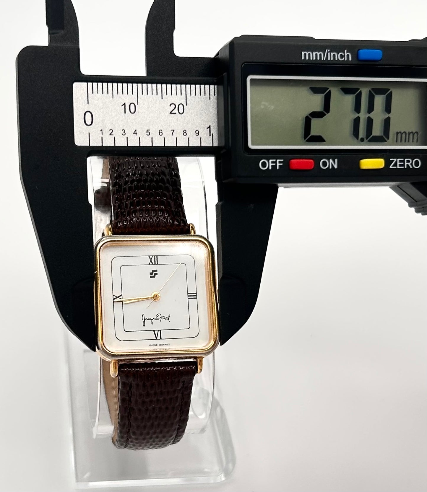 Vintage Jacques Farel watch, Swiss made, 27mm size case, 7in seize leather band.