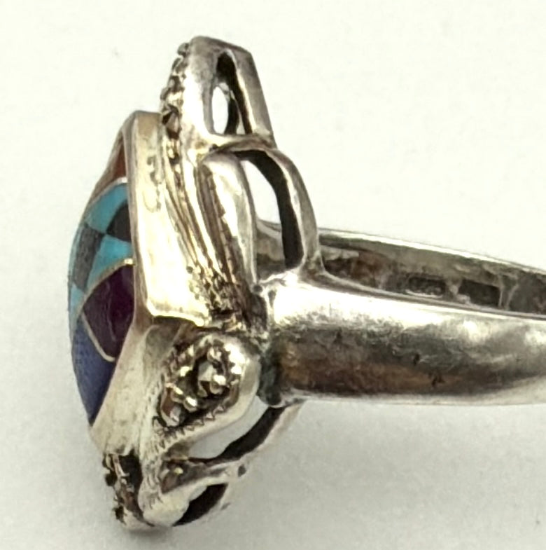 Vintage KC Sterling Silver Ring American Native Mosaic Inlay size # 9