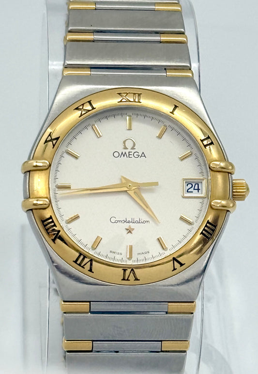 Vintage 1998 Omega Constellation 18k solid gold and stainless steel 39mm size case, 7.5in size wrist bracelet