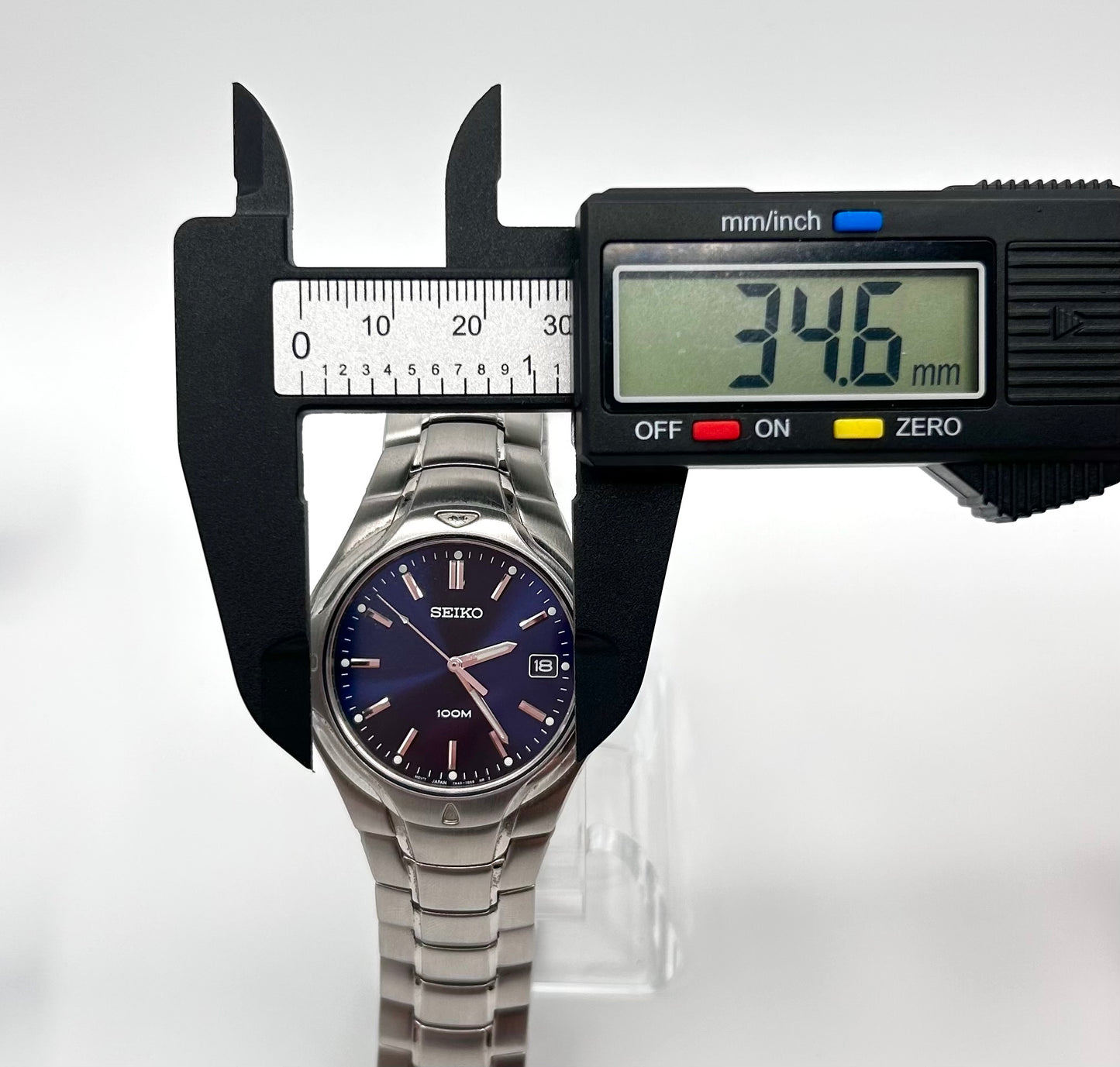 Seiko blue dial watch, 34mm size case, 7in size wrist bracelet