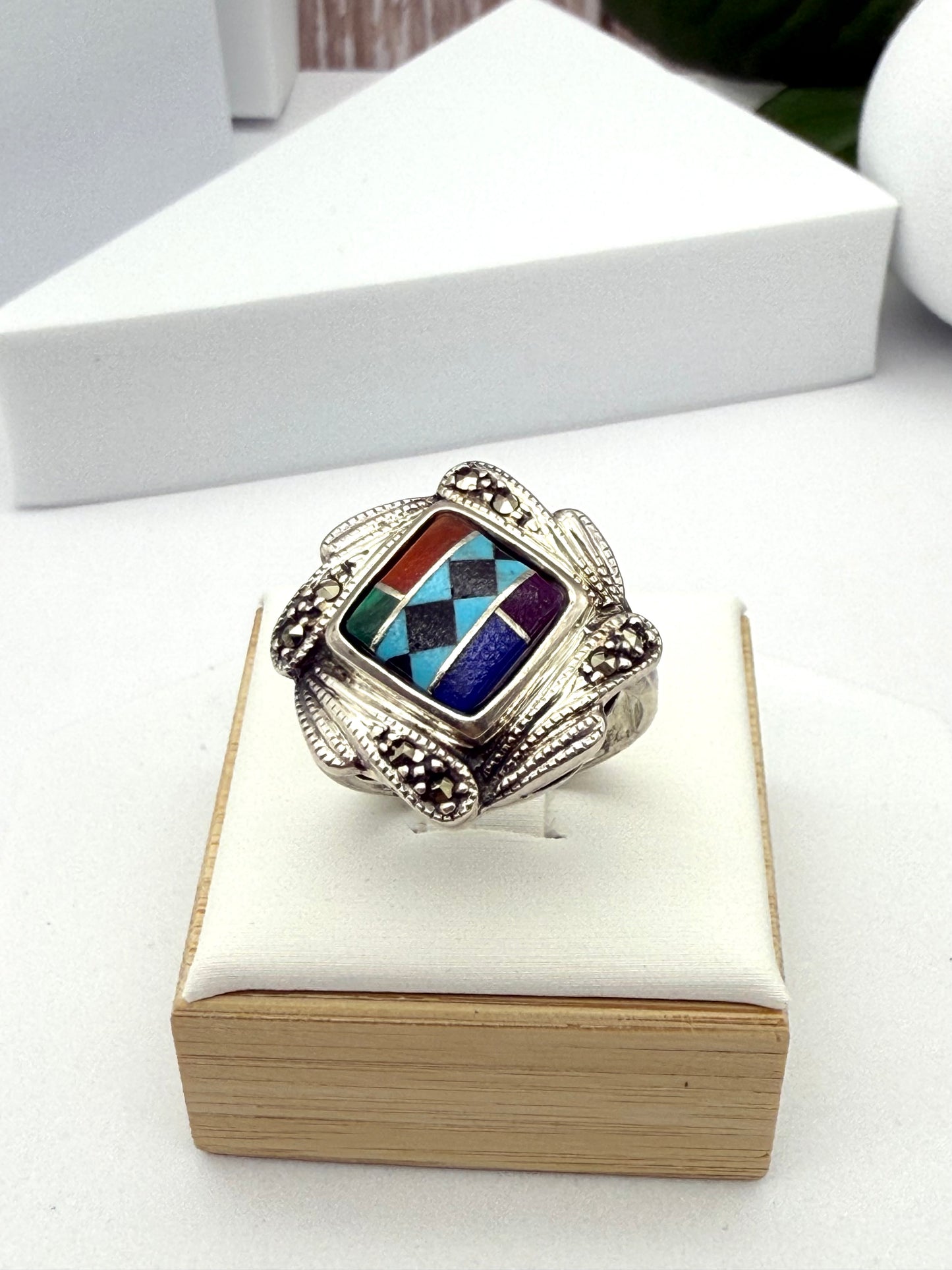 Vintage KC Sterling Silver Ring American Native Mosaic Inlay size # 9