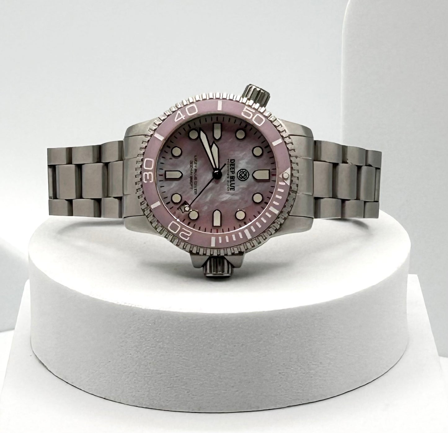 Deep Blue Precision River Lizzy Blue diver watch, 36mm size case, 6in size wrist bracelet.