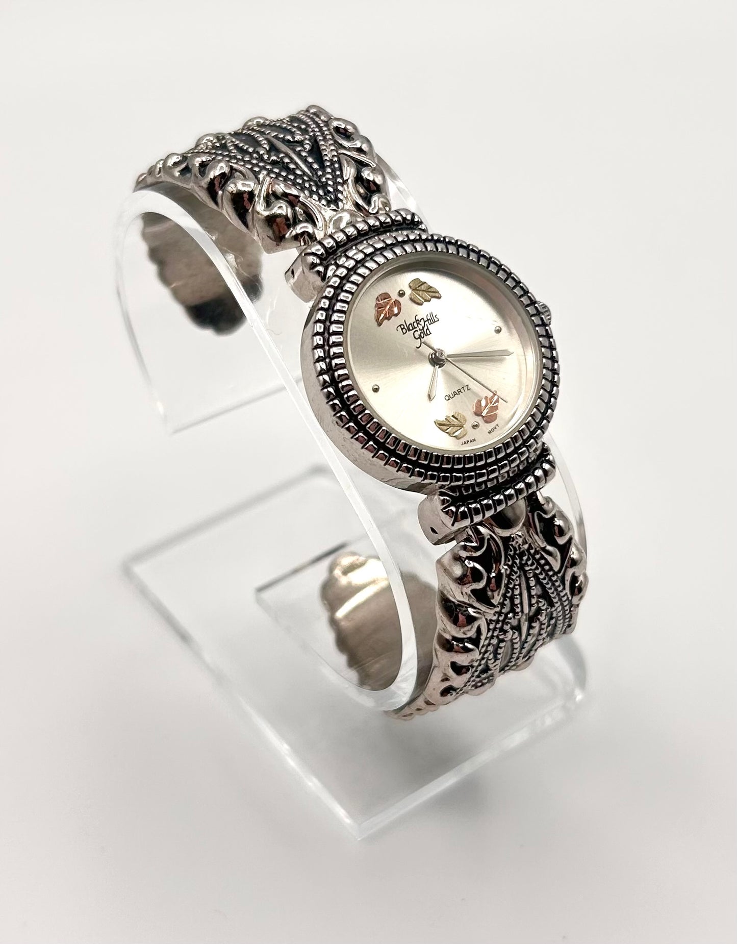 Vintage Black Hills Gold 12k and stainless steel cuff watch, 28mm size case, 5.5 in size wrist cuff