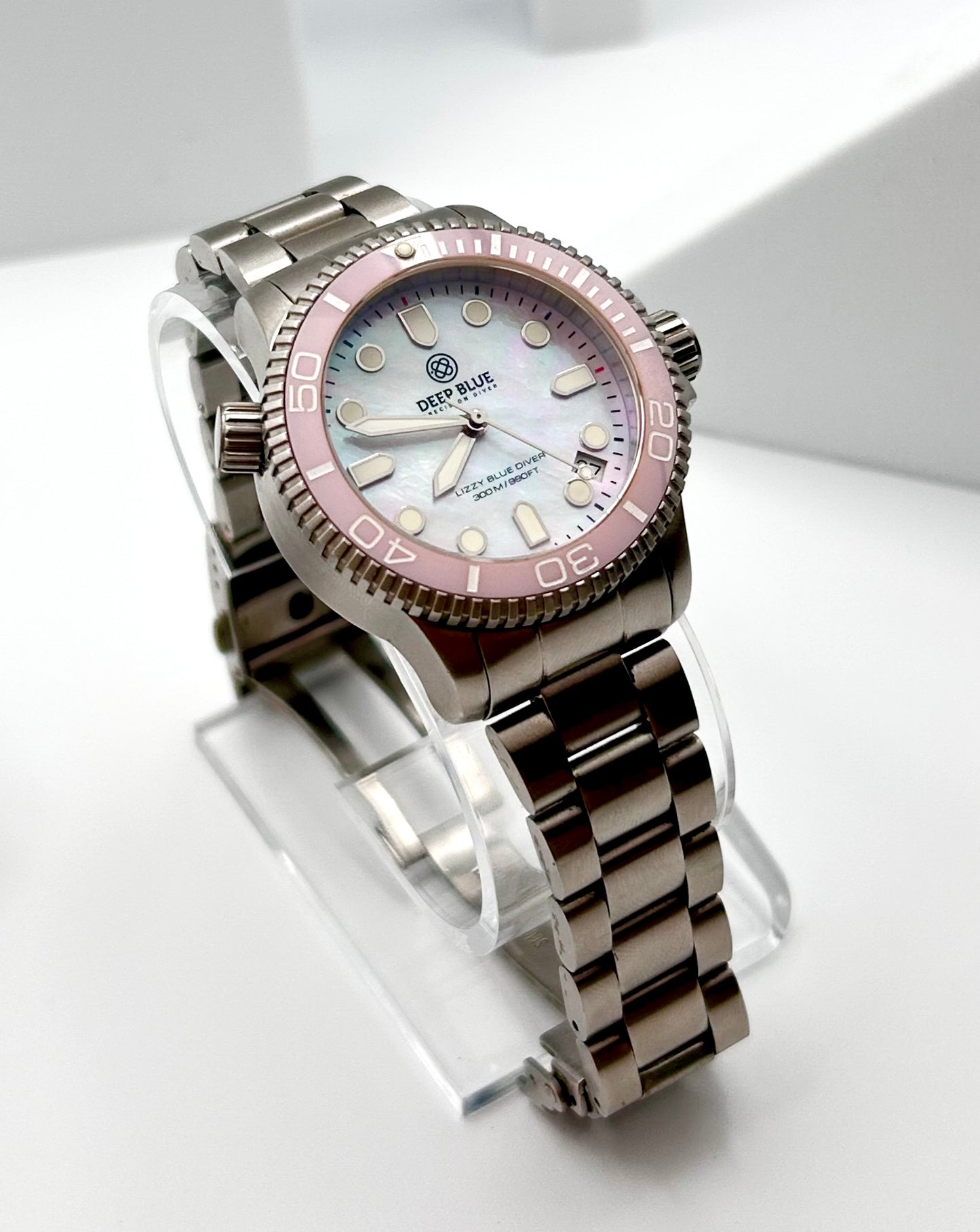 Deep Blue Precision River Lizzy Blue diver watch, 36mm size case, 6in size wrist bracelet.