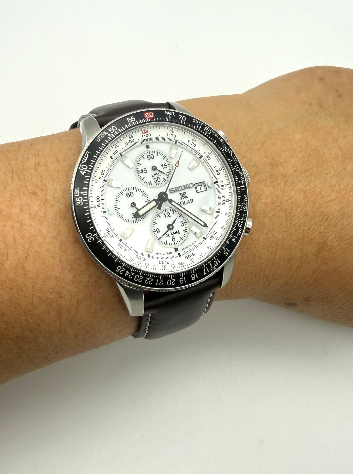 Seiko Flightmaster Solar Chronograph Pilot, 45mm size case, 8in size wrist leather band